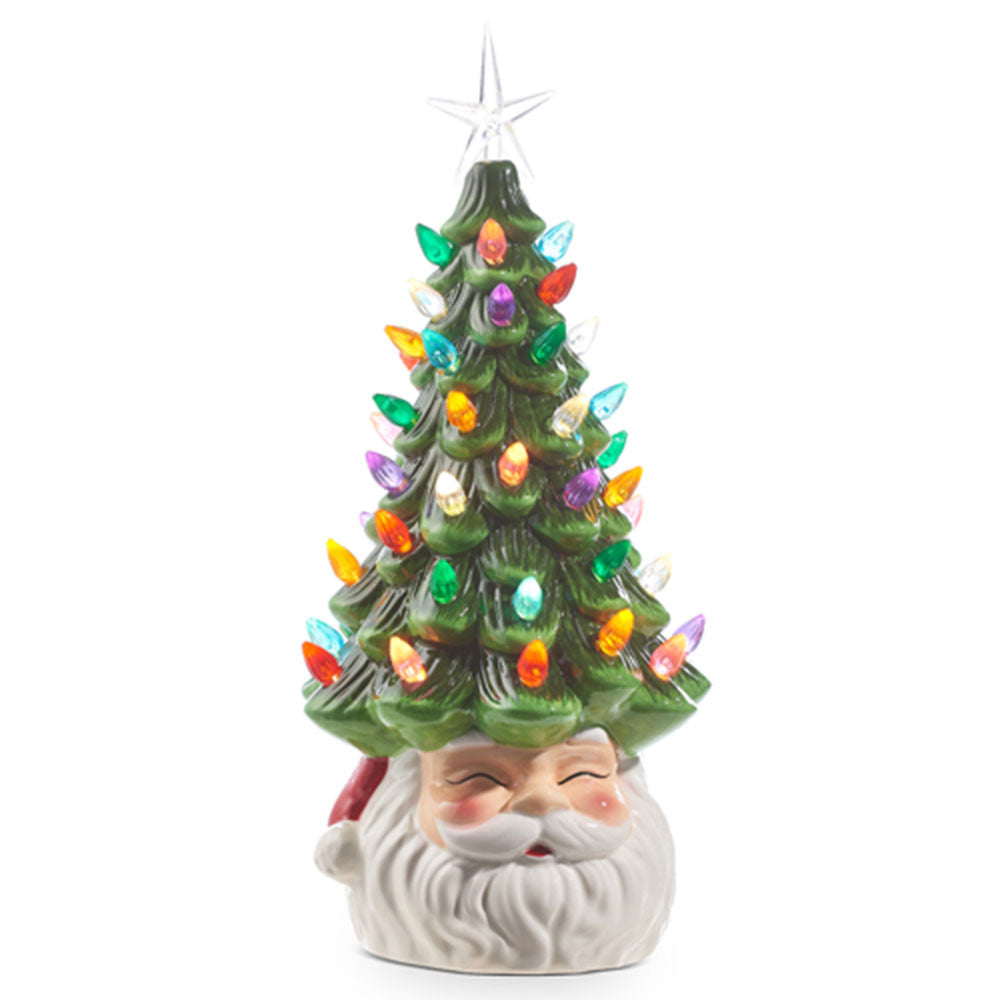 Vintage Santa Ceramic Christmas Tree with LED Lights - 13.5 Inch Holiday Home Decor for Tabletop, Mantel & Seasonal Display
