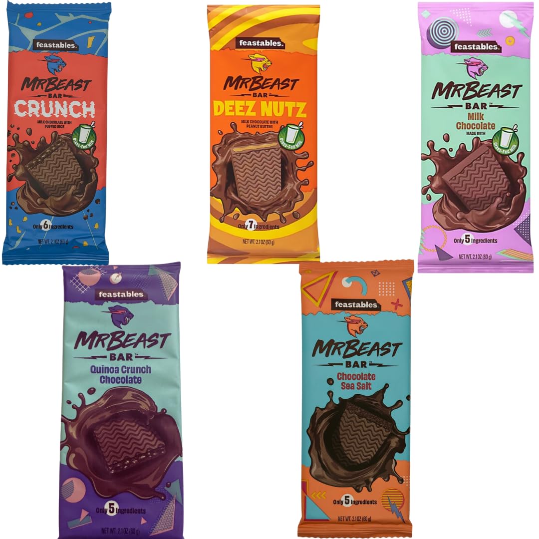 Feastables Mr Beast Chocolate Bars Variety Pack - Deez Nutz Peanut Butter, Quinoa Crunch, Milk Chocolate, Sea Salt & Crunch (5 Pack) | Gourmet Snacks for Parties, Gifts & Chocolate Lovers