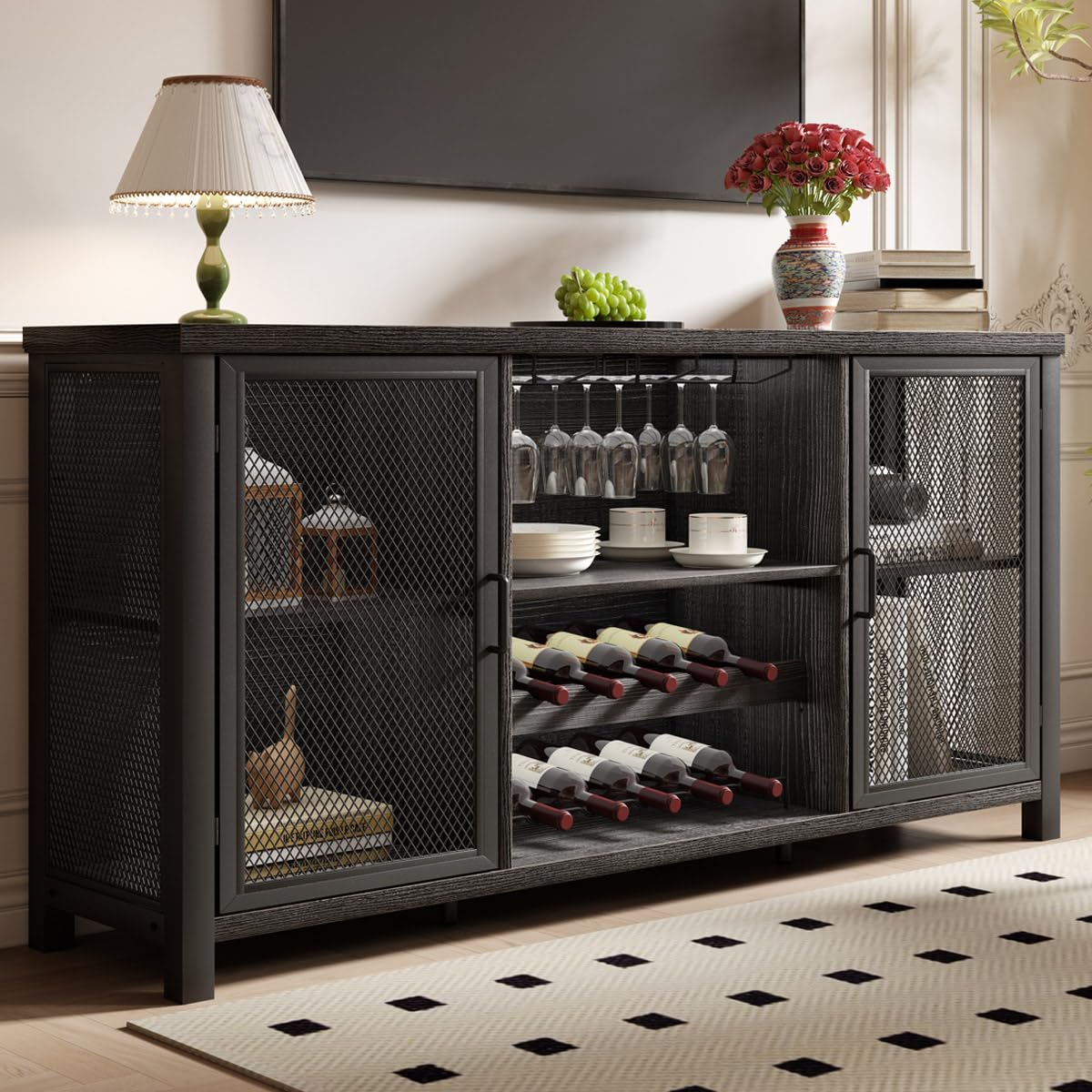 Industrial Wine Bar Cabinet - Rustic Sideboard Buffet with Storage for Liquor, Glasses & Coffee Bar | Dark Grey Oak 55