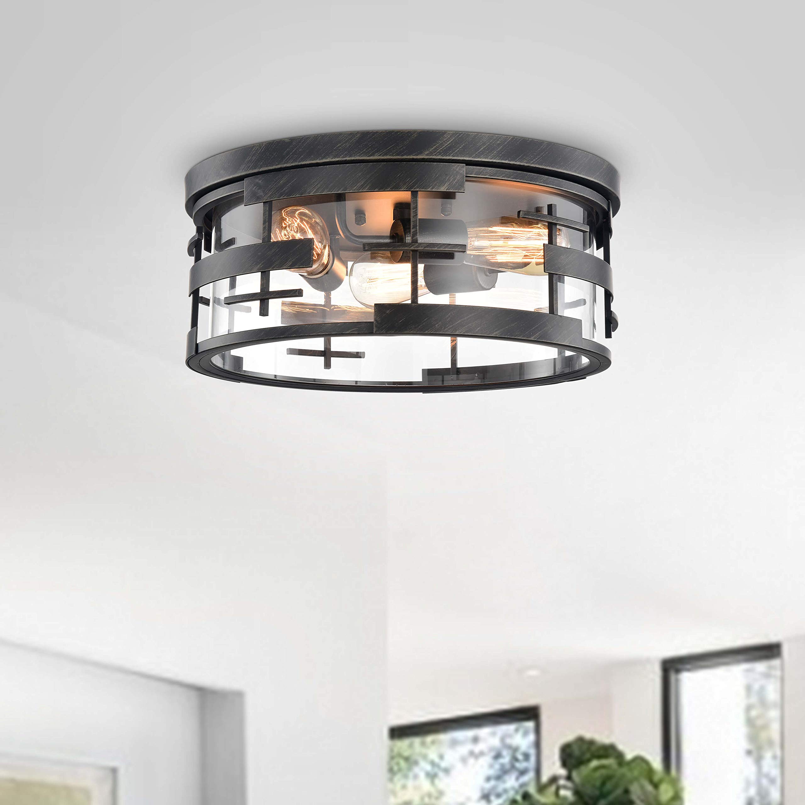 Jojospring 3-Light Antique Black Flush Mount Ceiling Light - Vintage Metal & Clear Glass Fixture for Bedroom, Hallway, or Entryway Lighting