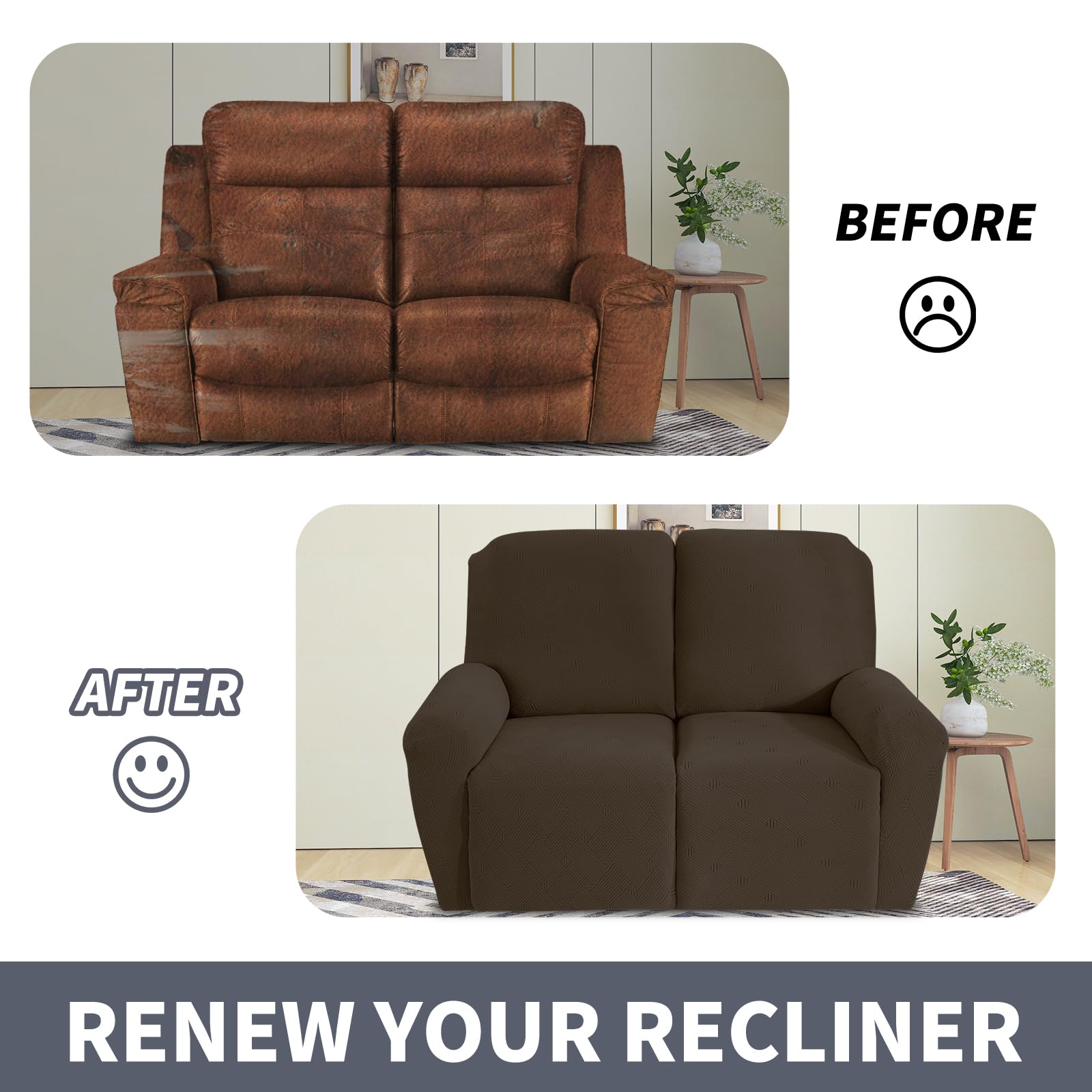 JIVINER Jacquard 4-Piece Recliner Sofa Cover Set with Pockets - Washable Loveseat Slipcover, Elastic Bottom Couch Protector for Lazy Boy Recliners (Coffee Color) - Perfect for Living Room, Home Theater & Family Room Furniture Protection