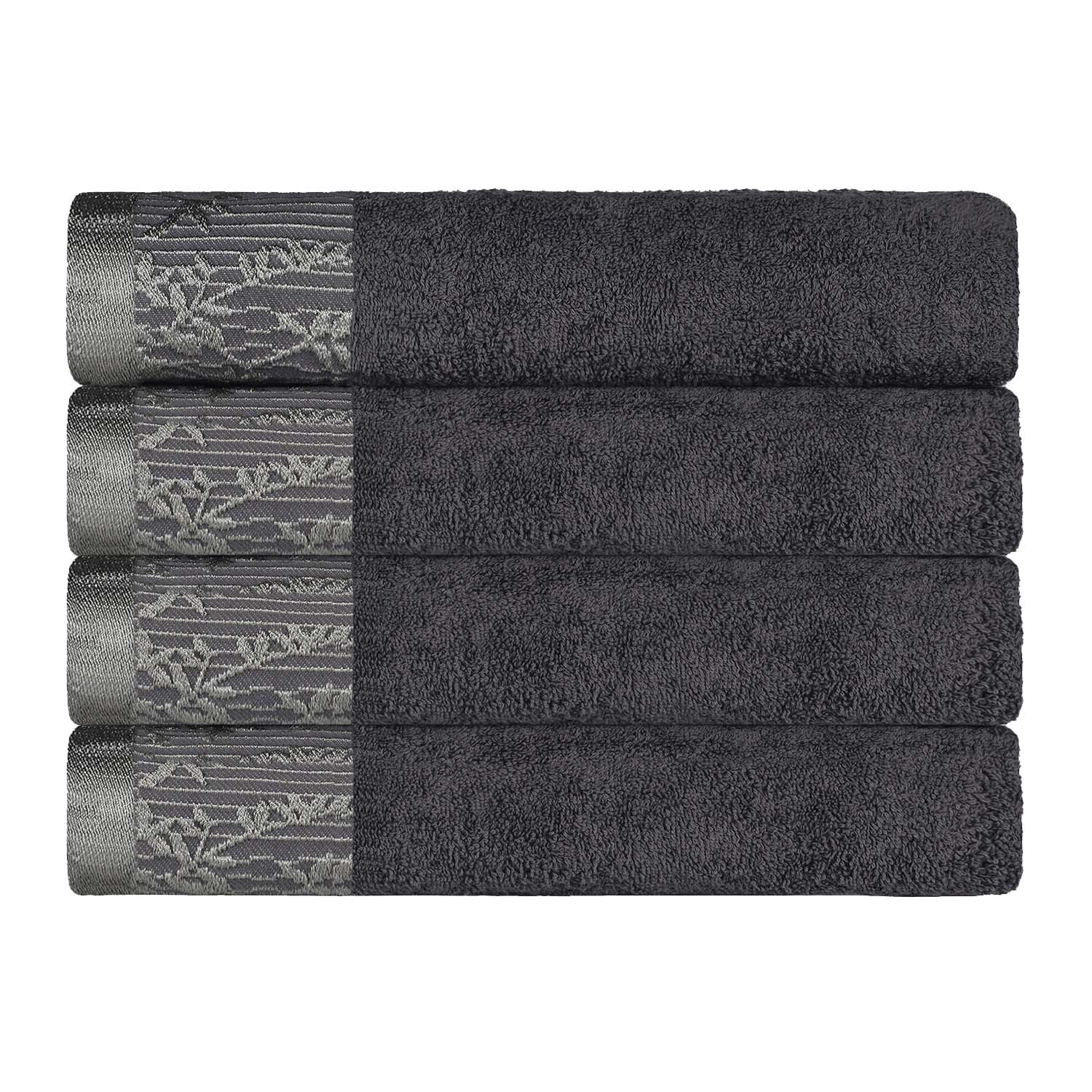 Premium Wisteria Cotton Floral Embroidered Jacquard Border Bath Towel Set of 4 - Ultra Soft & Absorbent Luxury Towels for Spa, Bathroom & Guest Use