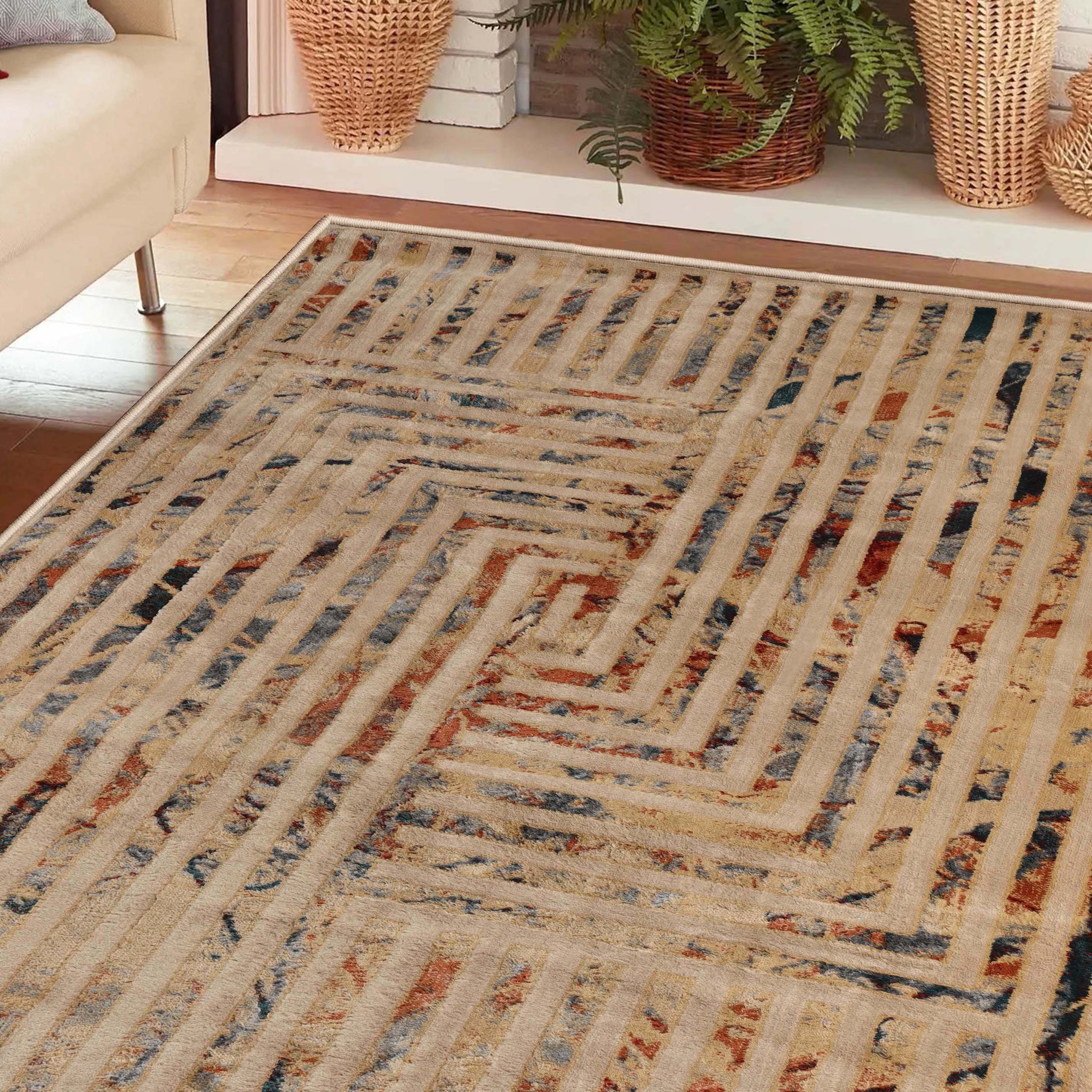 Modern Geometric Lines Abstract Boho Area Rug or Runner - Non-Slip Soft Living Room Carpet for Bedroom, Nursery, Dorm Decor - Boho Chic Home Decor Accent