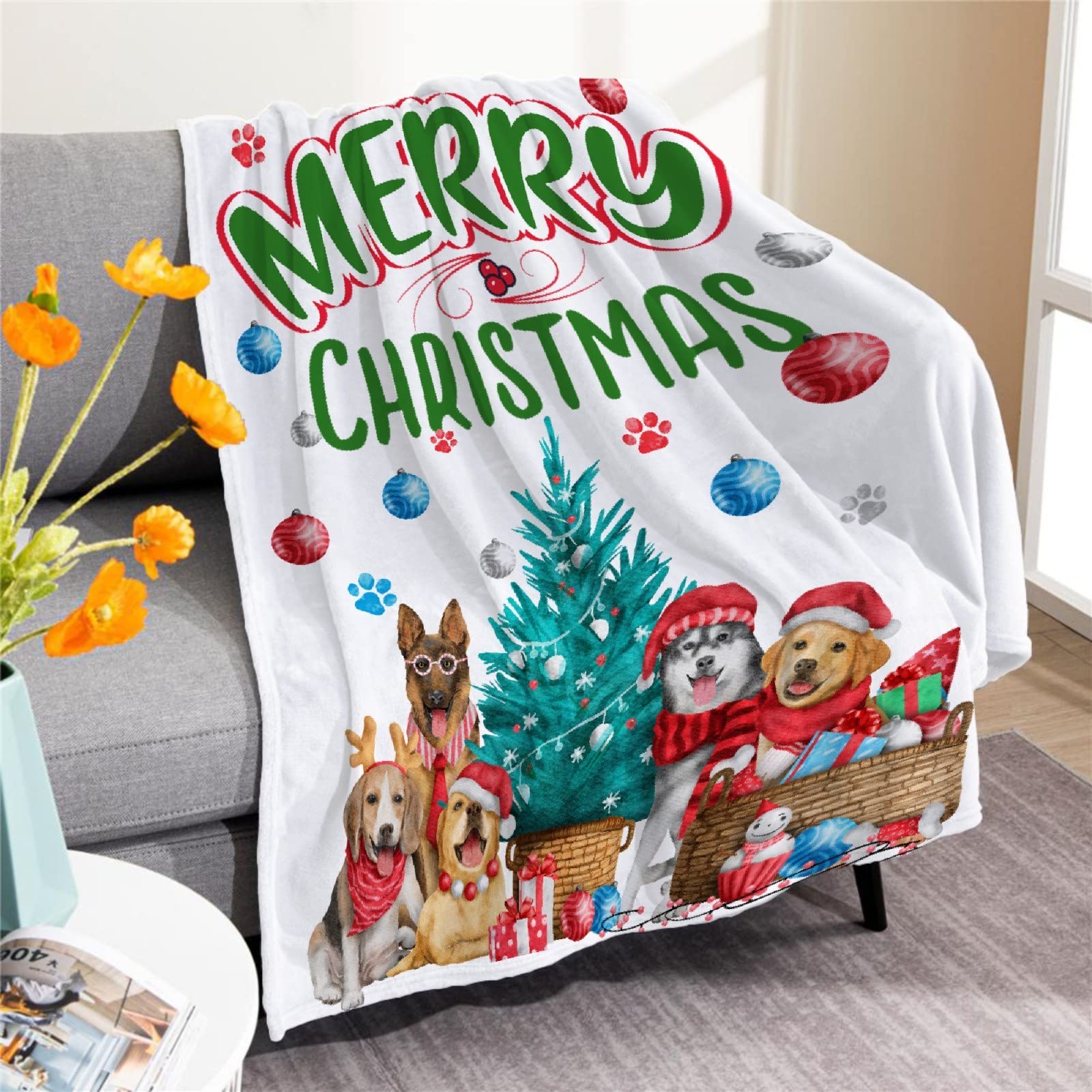 Merry Christmas Dog Blanket - Flannel Throw Lightweight Super Soft Cozy Luxury Family Bed Blanket - 120