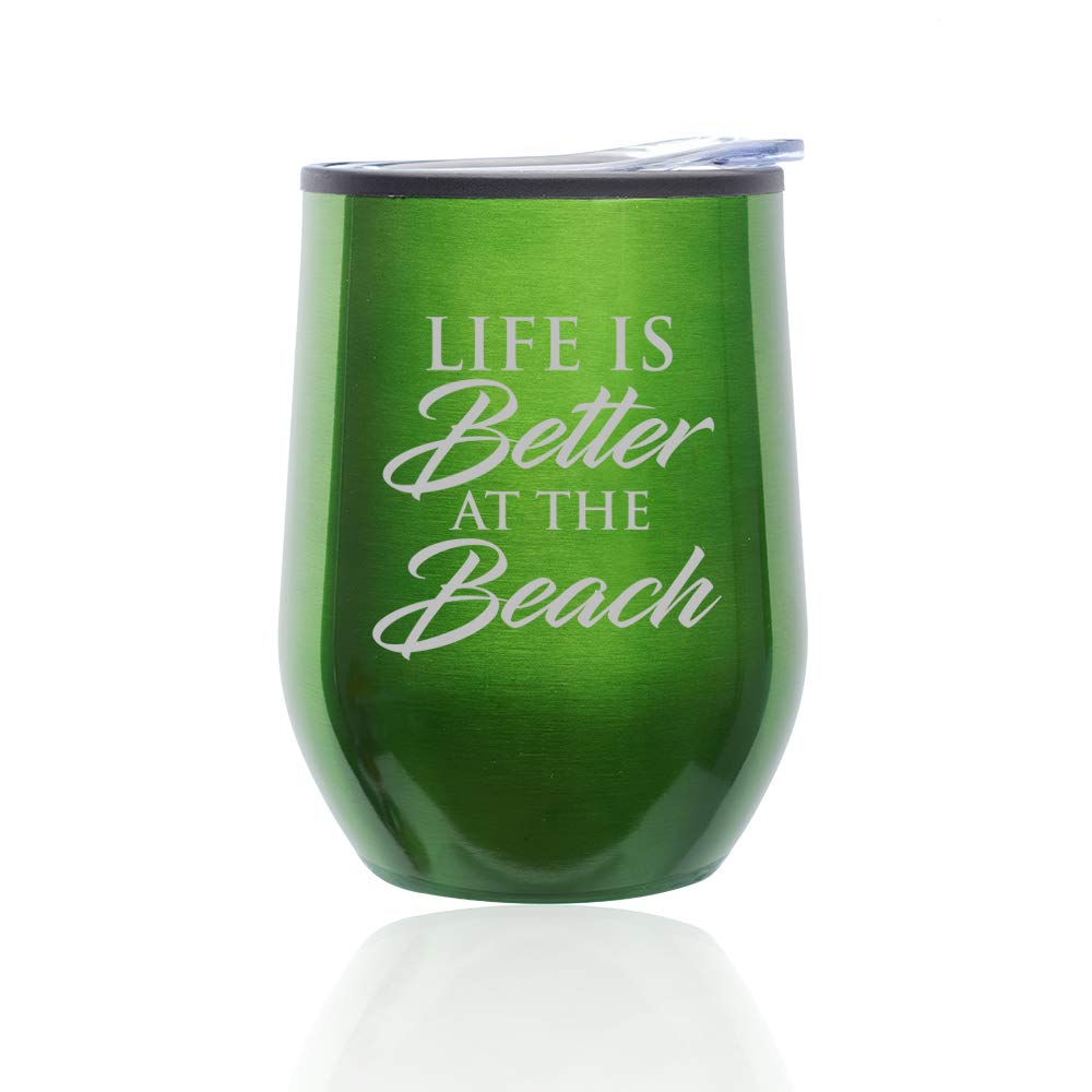 Stemless Wine Tumbler with Lid - Insulated Coffee Travel Mug, Double-Walled Glass Cup for Hot & Cold Drinks - Perfect for Beach, Picnics & Outdoor Activities (Green)