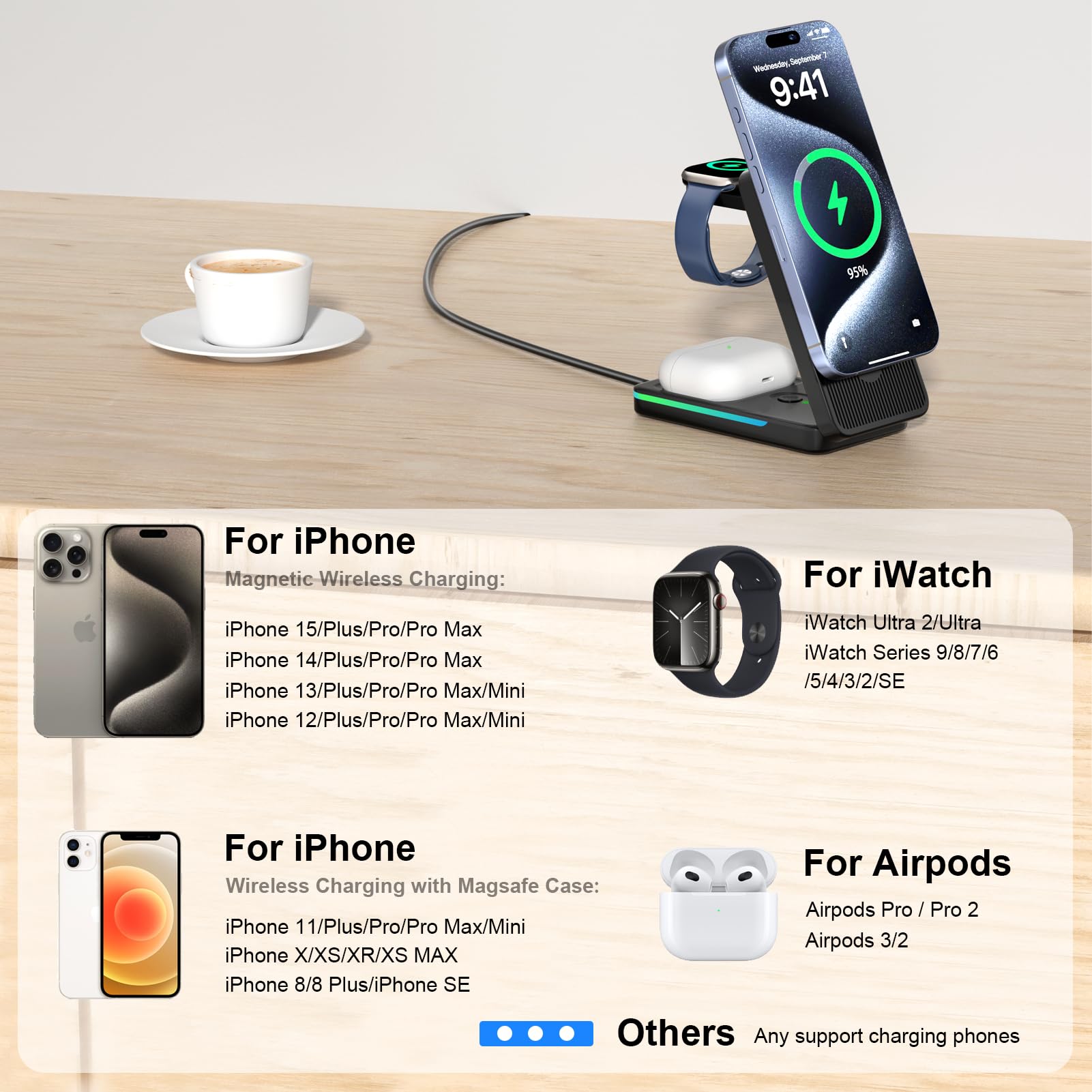 3-in-1 Magnetic Wireless Charging Station for iPhone 16 Pro Max/15/14/13/12, Apple Watch & AirPods - Foldable Fast Charger Stand for Bedside, Office & Travel | Qi-Certified Multi-Device Charging Pad