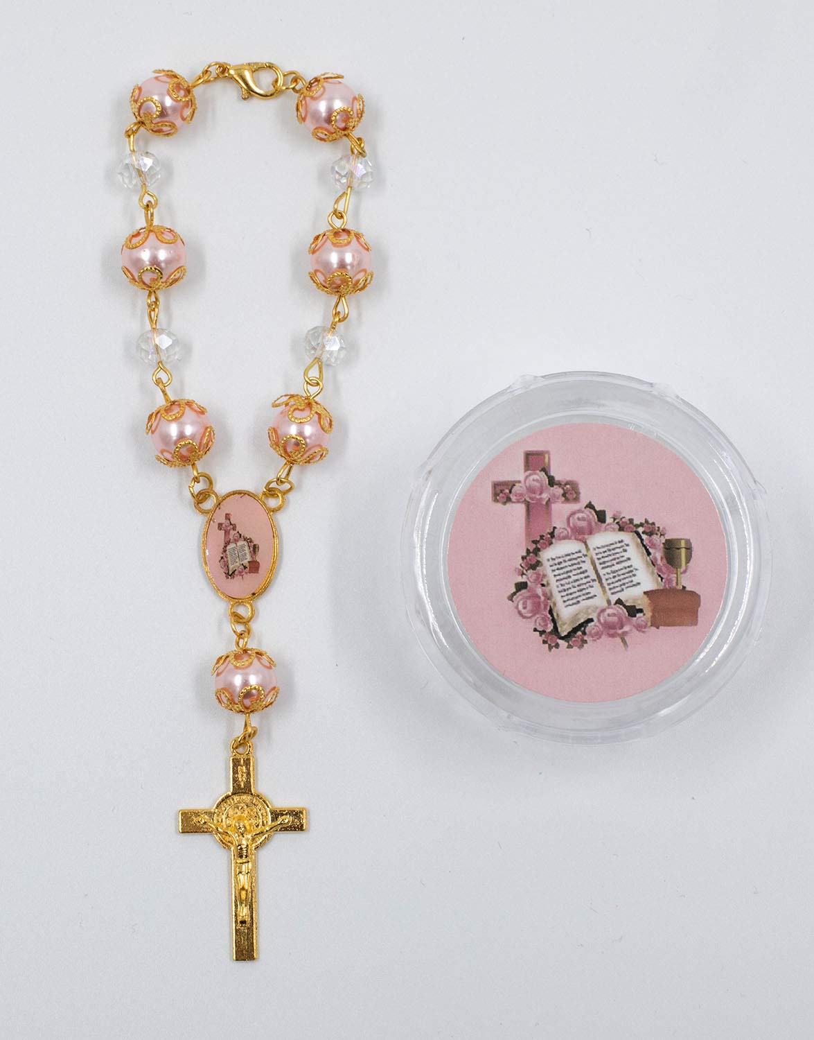 12 Baby Pink Bible Rosary Beads Beaded Pink and Gold Catholic Christian Crucifix Cross Pearl Bracelet - Perfect for Baptism Favors, Communion Gifts, and Religious Ceremonies