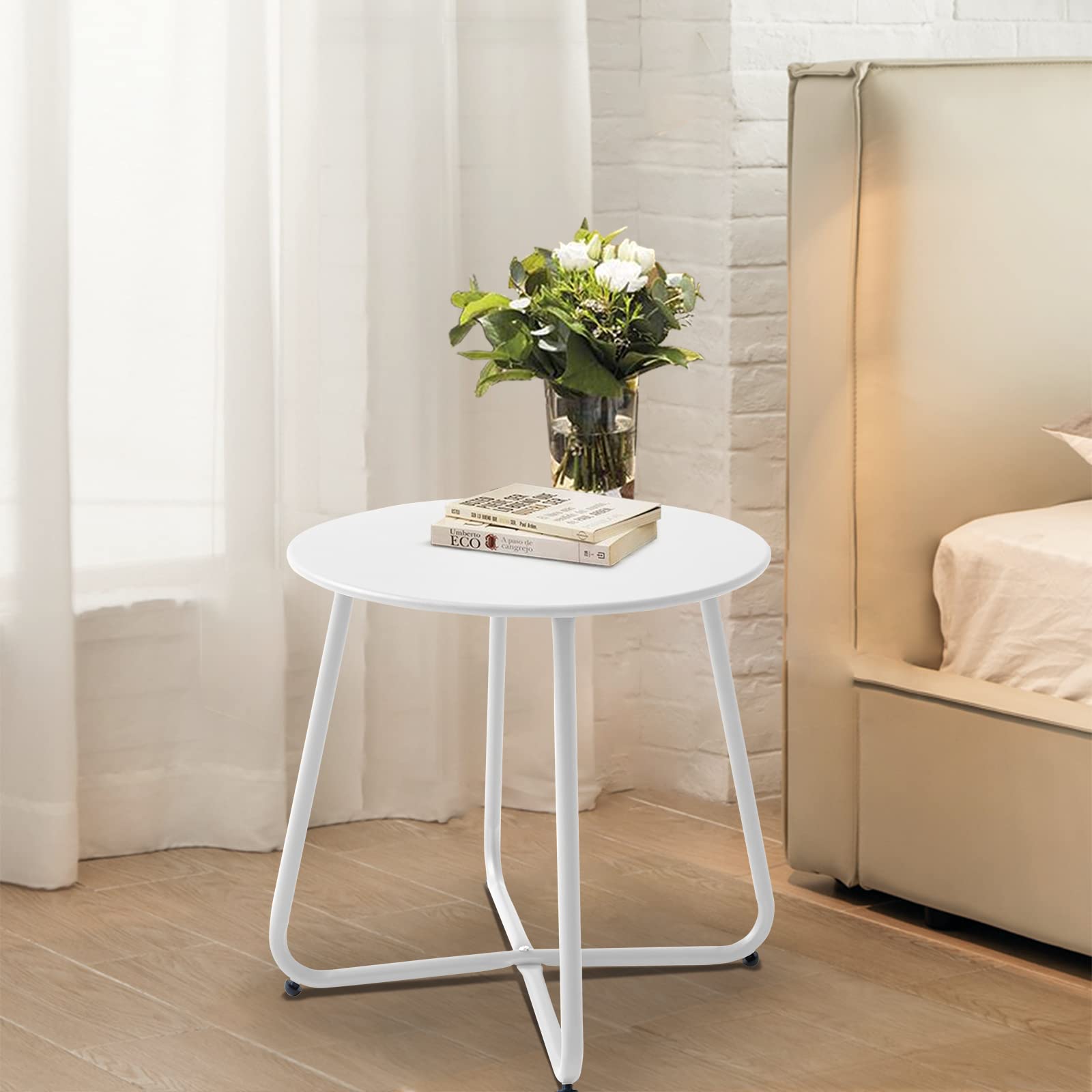 Waterproof Round Metal Side Table - Weather Resistant Outdoor & Indoor End Table for Patio, Garden, Balcony, Yard | Portable Small Steel Coffee Table for Relaxing, Entertaining & Decor (White)