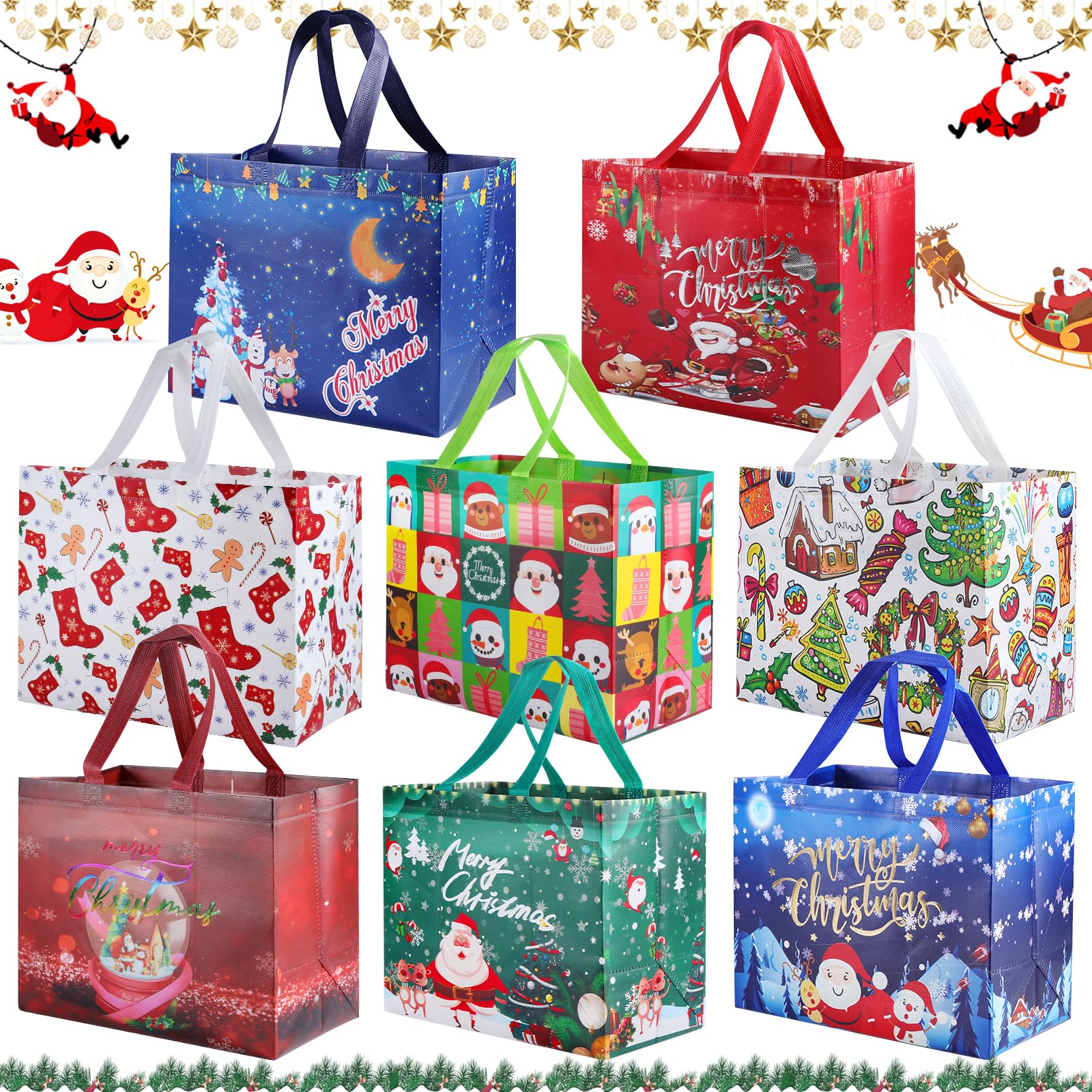 OUSCENE 8 Pack Christmas Gift Bags with Handles - Reusable Non-Woven Holiday Tote Bags for Gift Wrapping, Party Favors & Shopping (8 Themes, 12.8