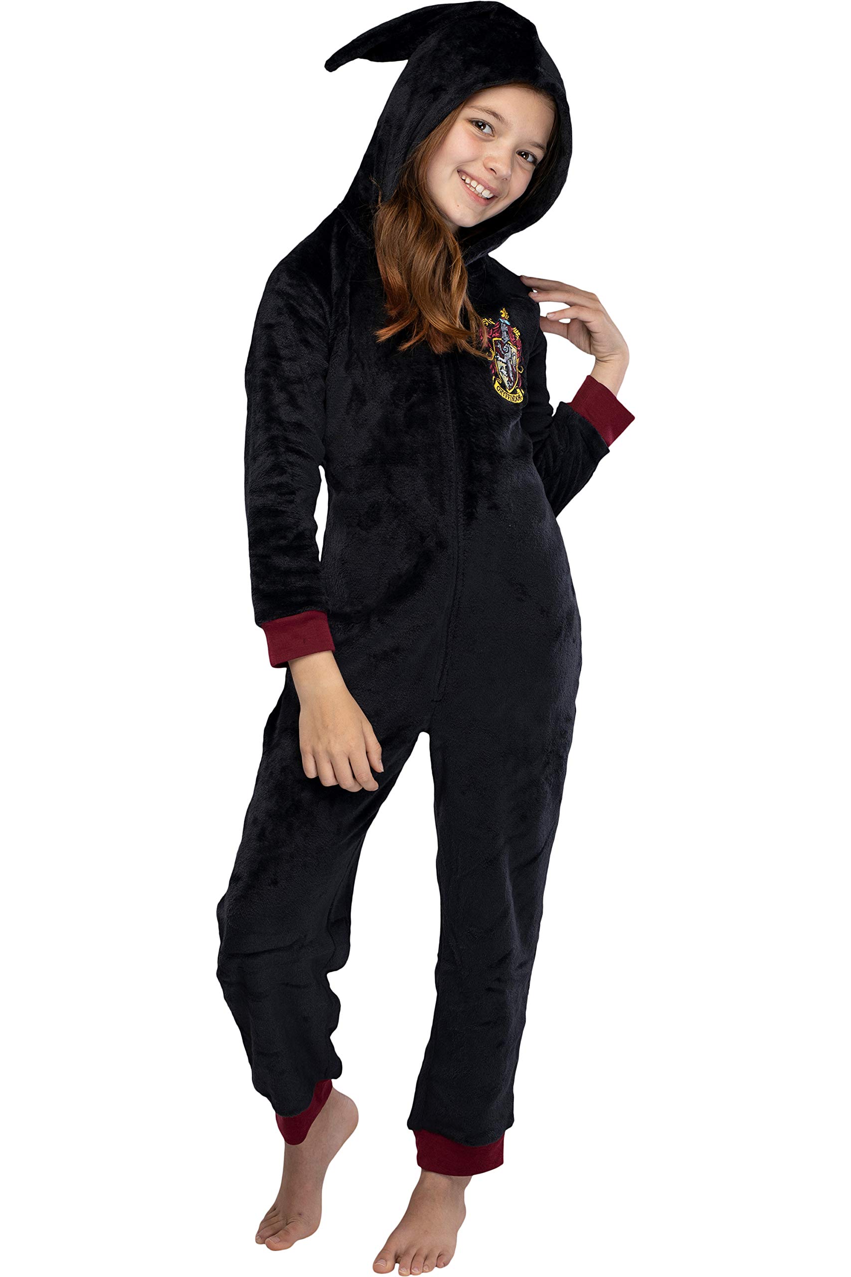 Harry Potter Unisex Kids Hooded Pajama Union Suit - Gryffindor, Slytherin, Ravenclaw & Hufflepuff 4 Houses - Soft Fleece Onesie for Boys & Girls - Perfect for Halloween Costumes, Christmas Gifts & Cozy Family Movie Nights