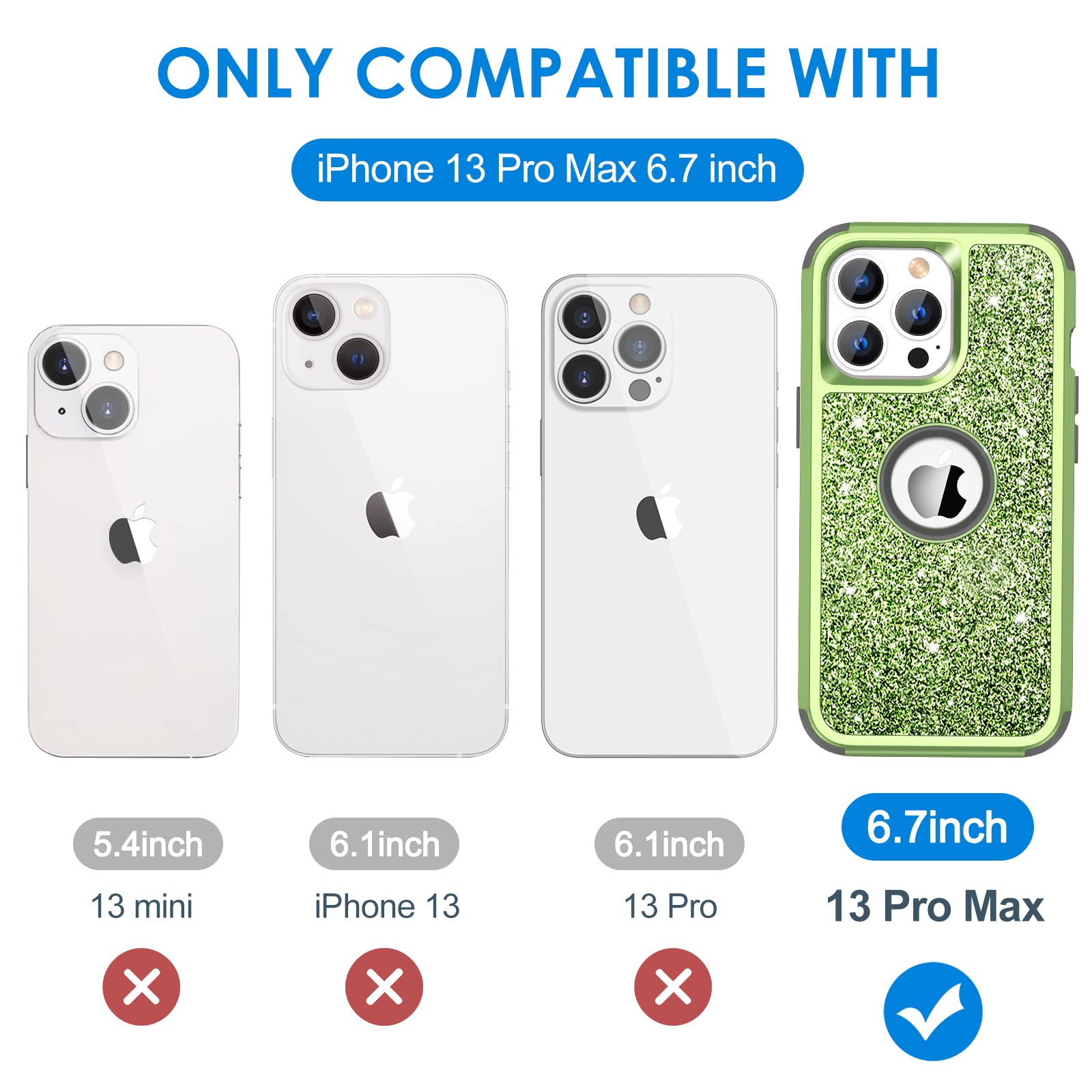 Hython Glitter iPhone 13 Pro Max Case - Cute Shiny Bling Sparkle Cover, 3-in-1 Hybrid Hard PC & Soft TPU Bumper with Full Body Shockproof Protection for Women & Girls (Green) - Perfect for Everyday Use, Parties, and Gift Giving
