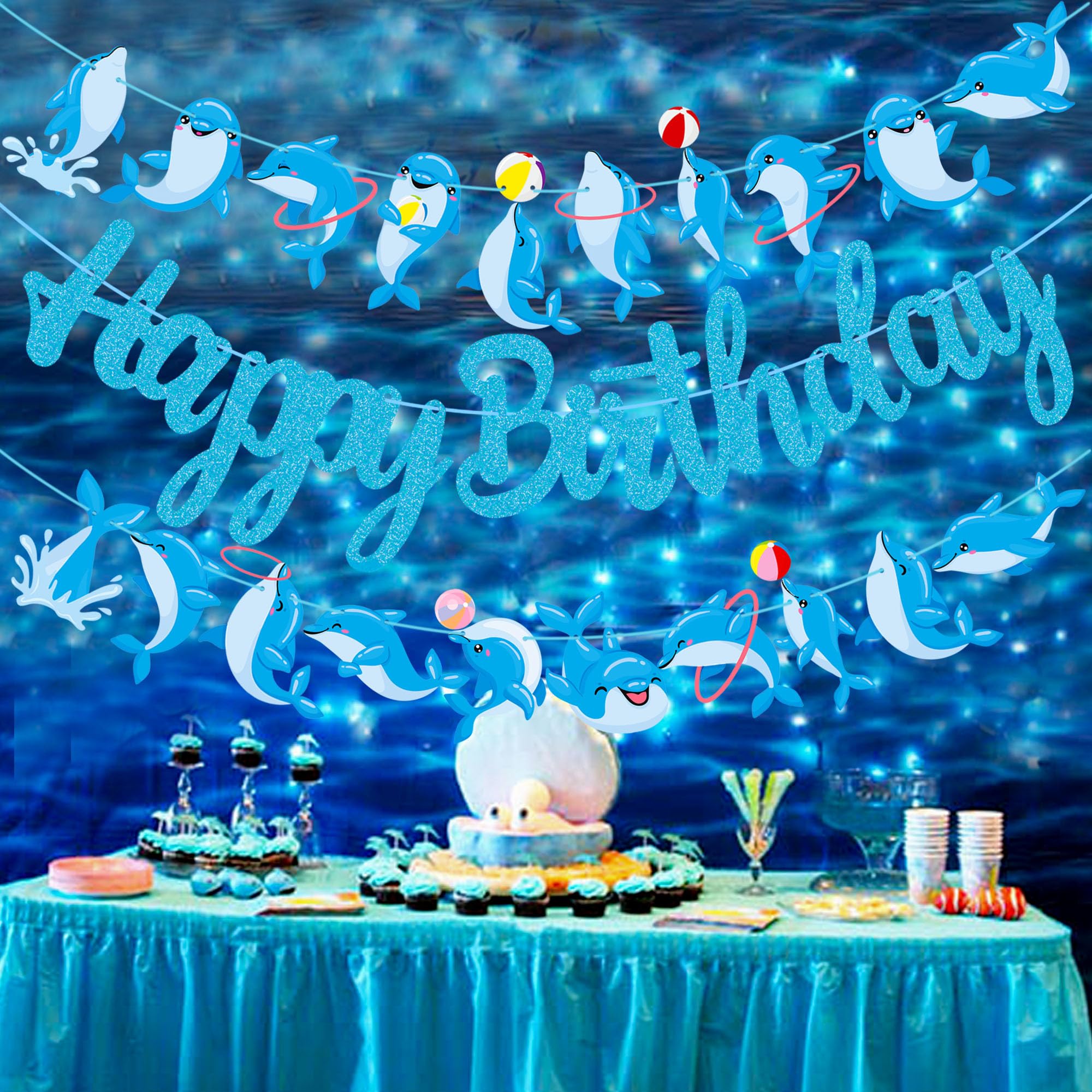 Blue Glitter Dolphin Happy Birthday Banner - Under the Sea Themed Party Decorations for Birthday & Baby Shower - Ocean Animal Theme Party Supplies (Perfect for Kids' Birthday Parties, Baby Showers & Nautical Events)