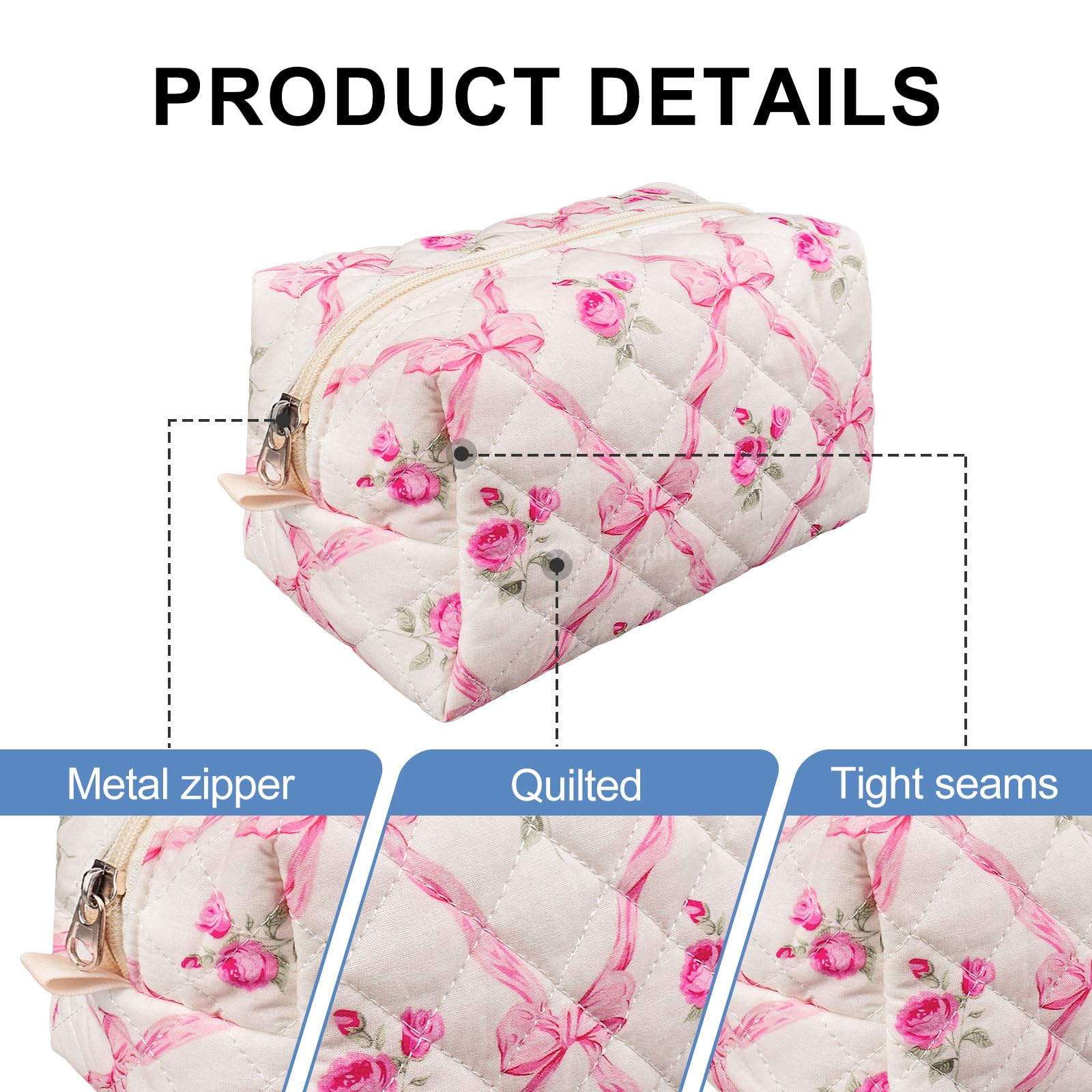 Quilted Makeup Bag for Women - Small Floral Travel Cosmetic Pouch with Brush Storage | Perfect for Travel, Gym & Daily Organizer | Cotton Makeup Organizer Bag