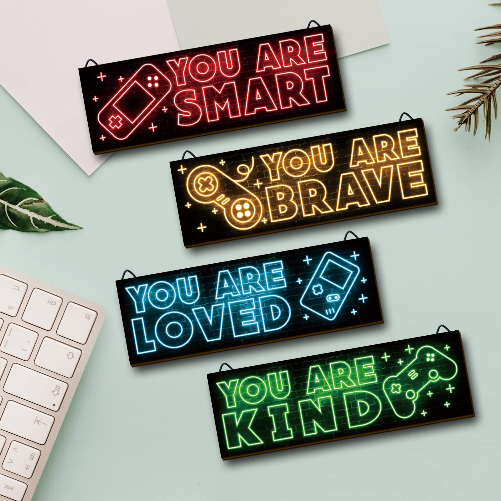 YLOLUL 4-Piece Neon Game Art Prints - Wood Wall Decor for Boys Room & Gamer Themed Bedroom - Inspirational Quote Wall Art - Modern Home Decor (12x4 Inches, Red) - Perfect for Gaming Rooms, Teen Bedrooms & Man Cave Decor