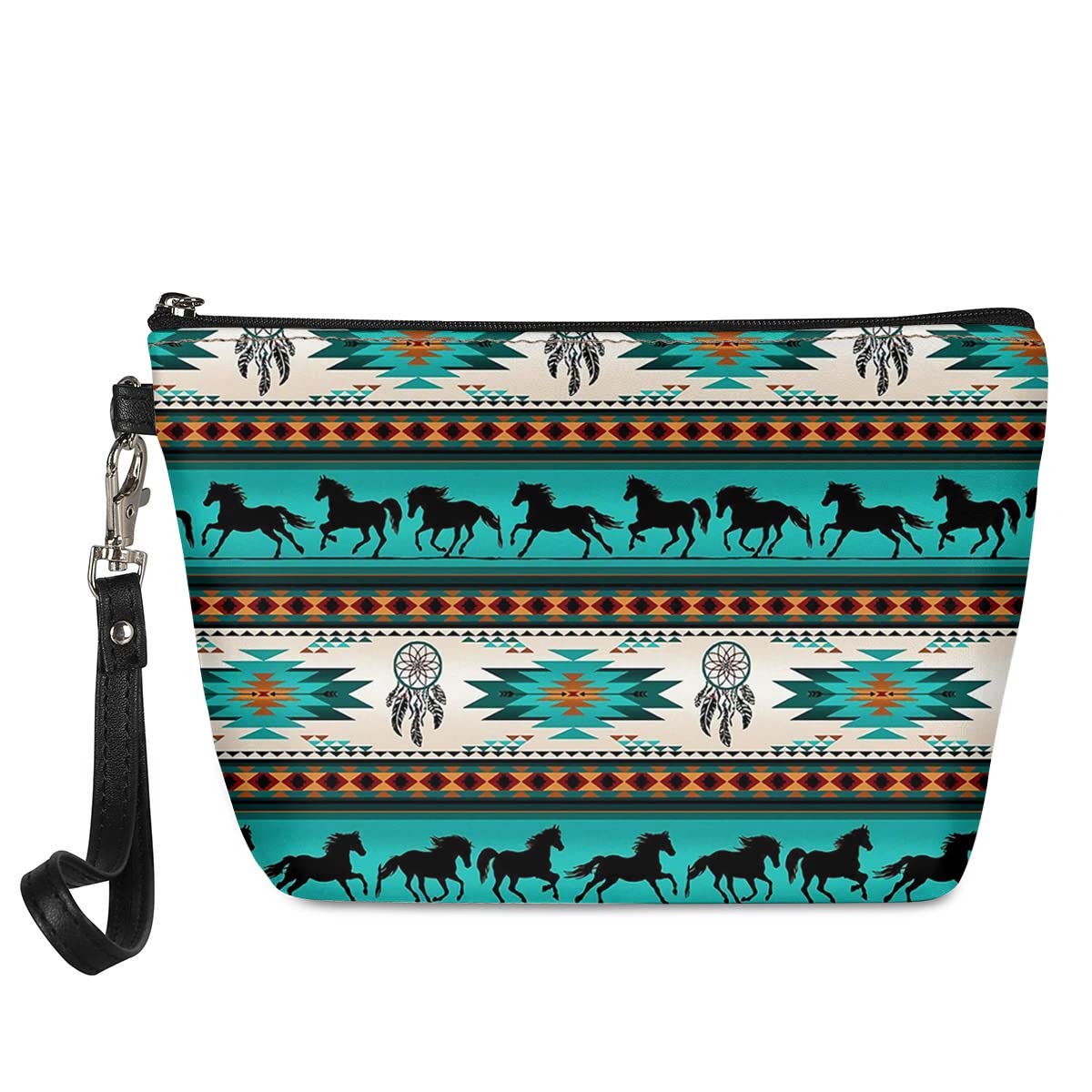Jeiento PU Leather Wristlet Cosmetic Bag - Travel Makeup Organizer for Women | Aztec Horse Pattern | Perfect for Toiletries & Travel Essentials