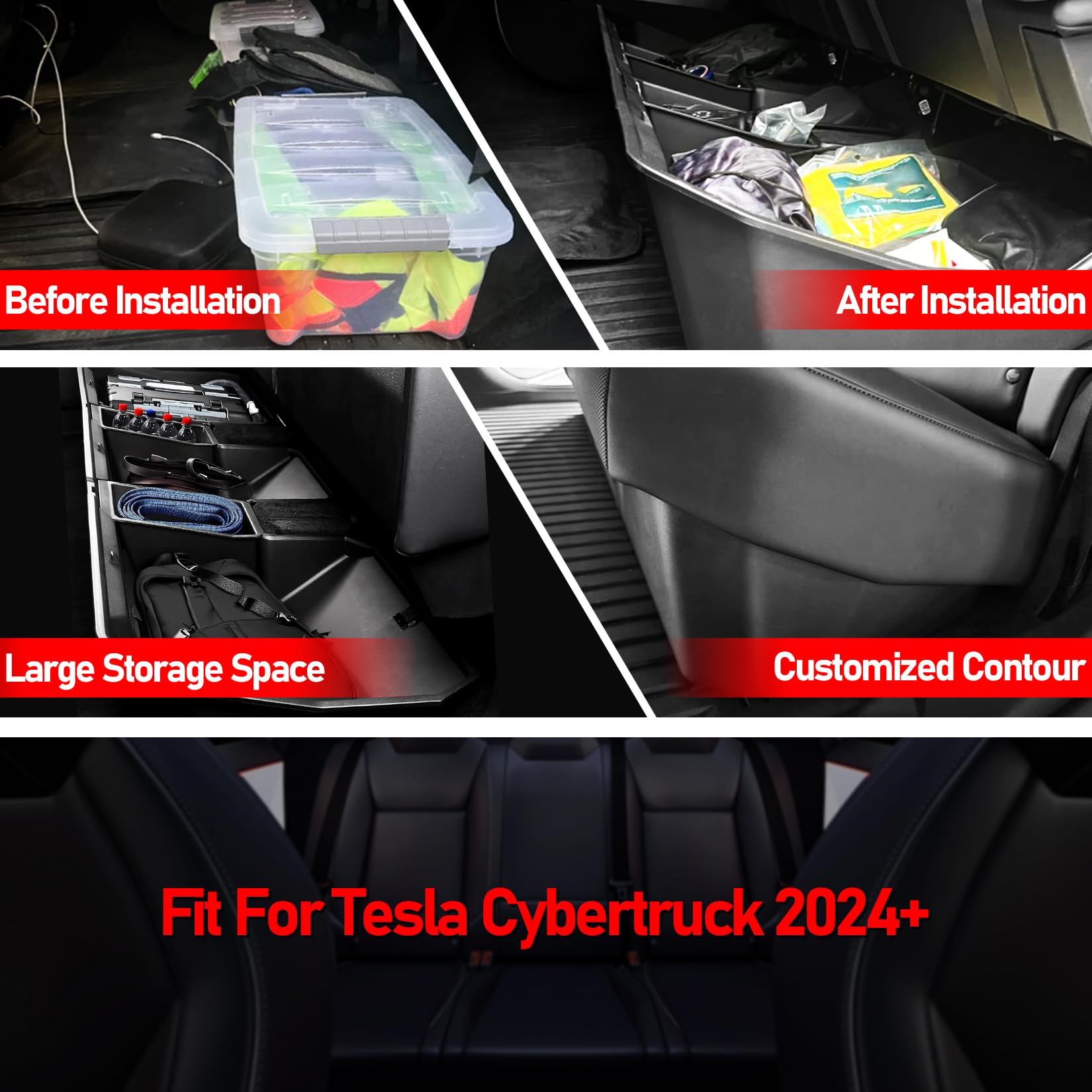 Tesla Cybertruck 2024 Rear Under Seat Storage Box - Black Hidden Organizer Bin for Second Row | Underseat Storage Accessories for Tools, Emergency Kits & Car Essentials