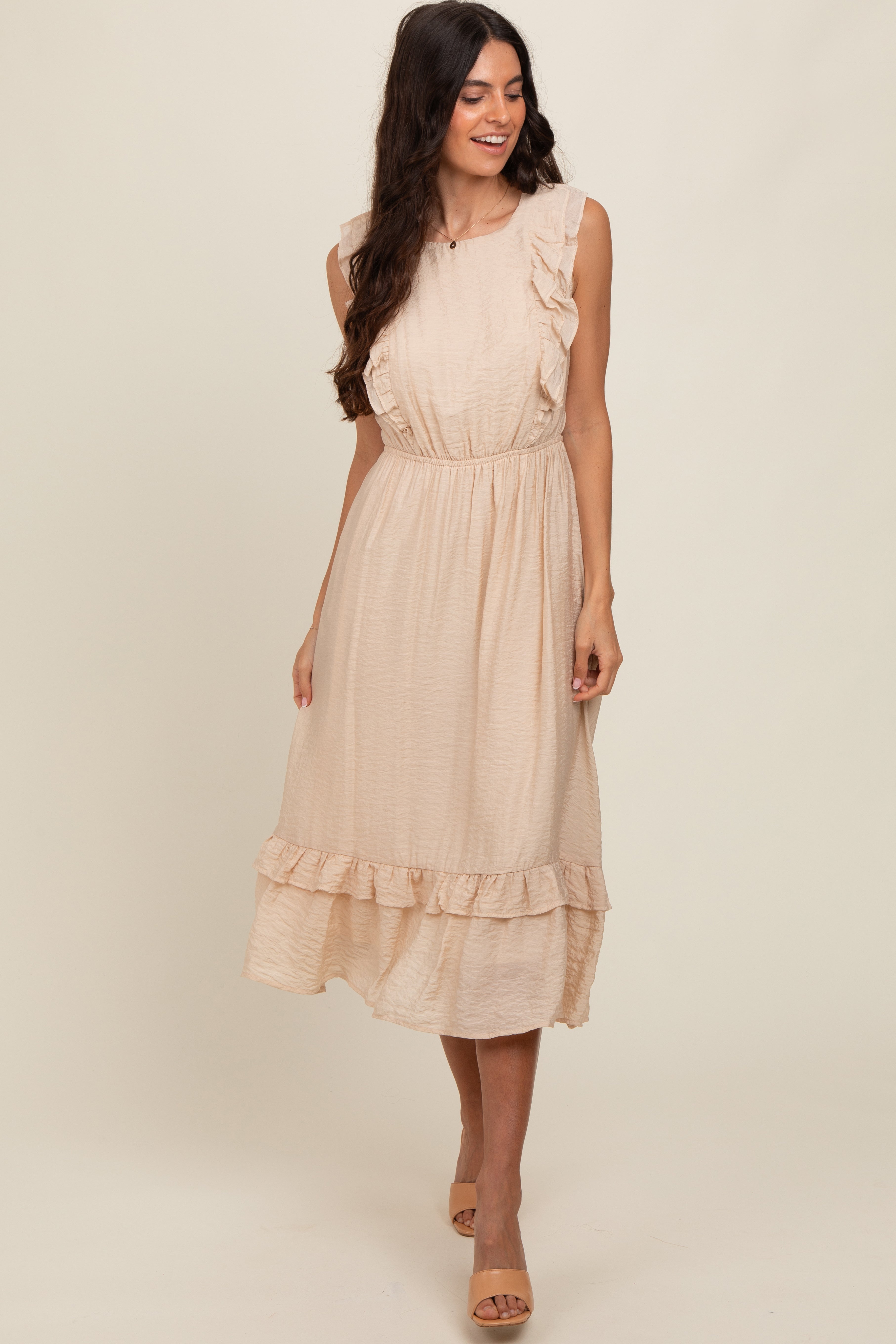 Beige Textured Ruffle Accent Midi Dress for Women - Elegant Flowy Summer Dress for Weddings, Parties & Date Nights