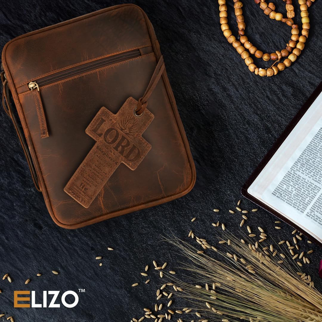 ELIZO Genuine Leather Bible Cover for Men & Women - Large Zippered Book Cover with Bookmark - Church Bag & Religious Gift for Bible Study, Travel & Worship