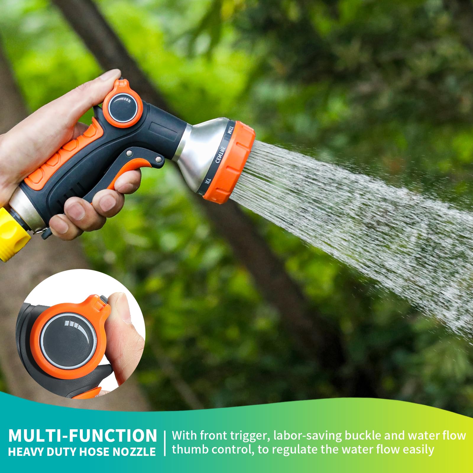 Heavy Duty Water Hose Nozzle with 8 Spray Patterns - Adjustable Thumb Control, Ergonomic Trigger & Quick-Release Buckle - Perfect for Garden Watering, Car Washing, Pet Bathing & Outdoor Cleaning