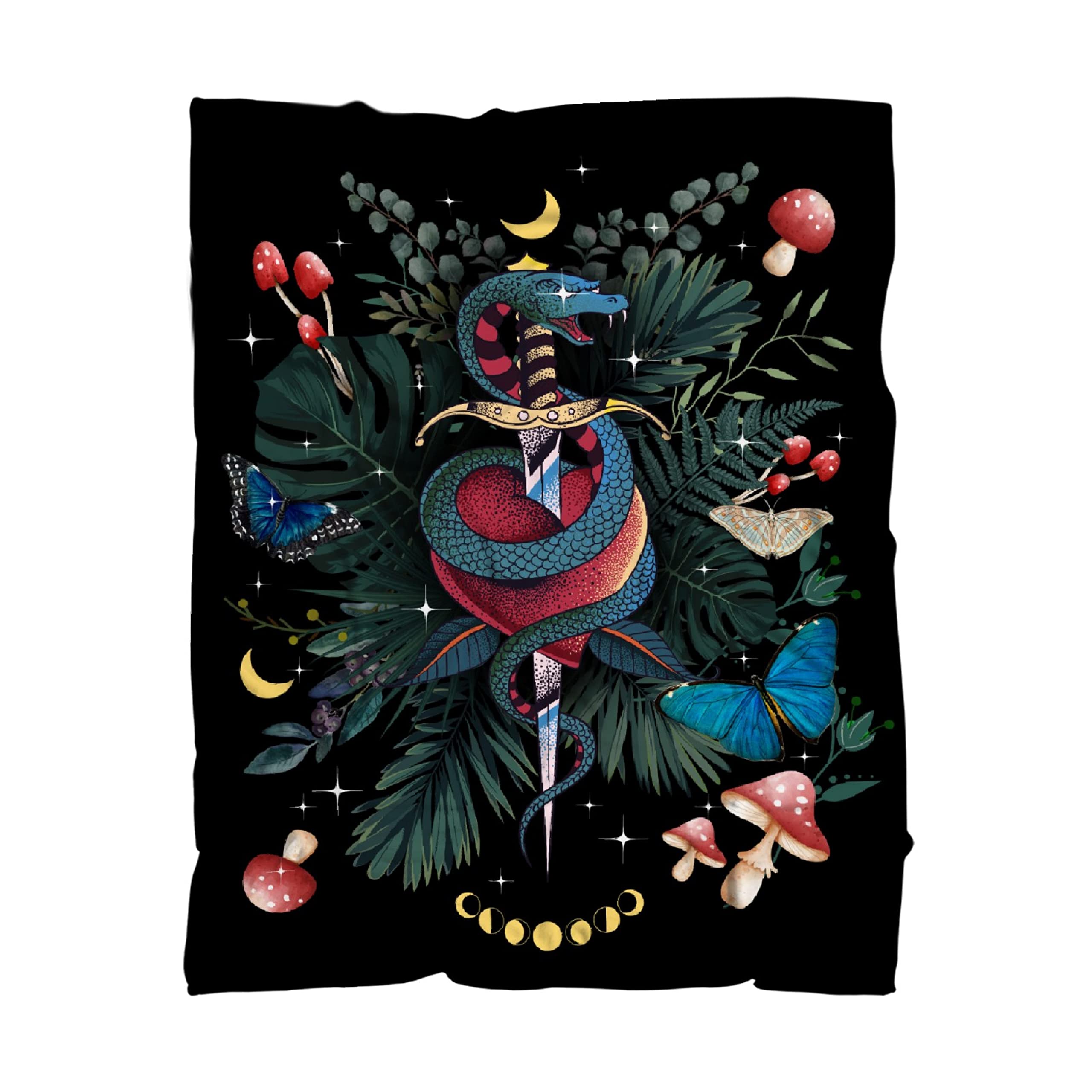 Vintage Floral Snake Mushroom Print Fleece Throw Blanket - Soft Cozy Plush Flannel Blanket for Adults & Kids - Lightweight All-Season Blanket 90