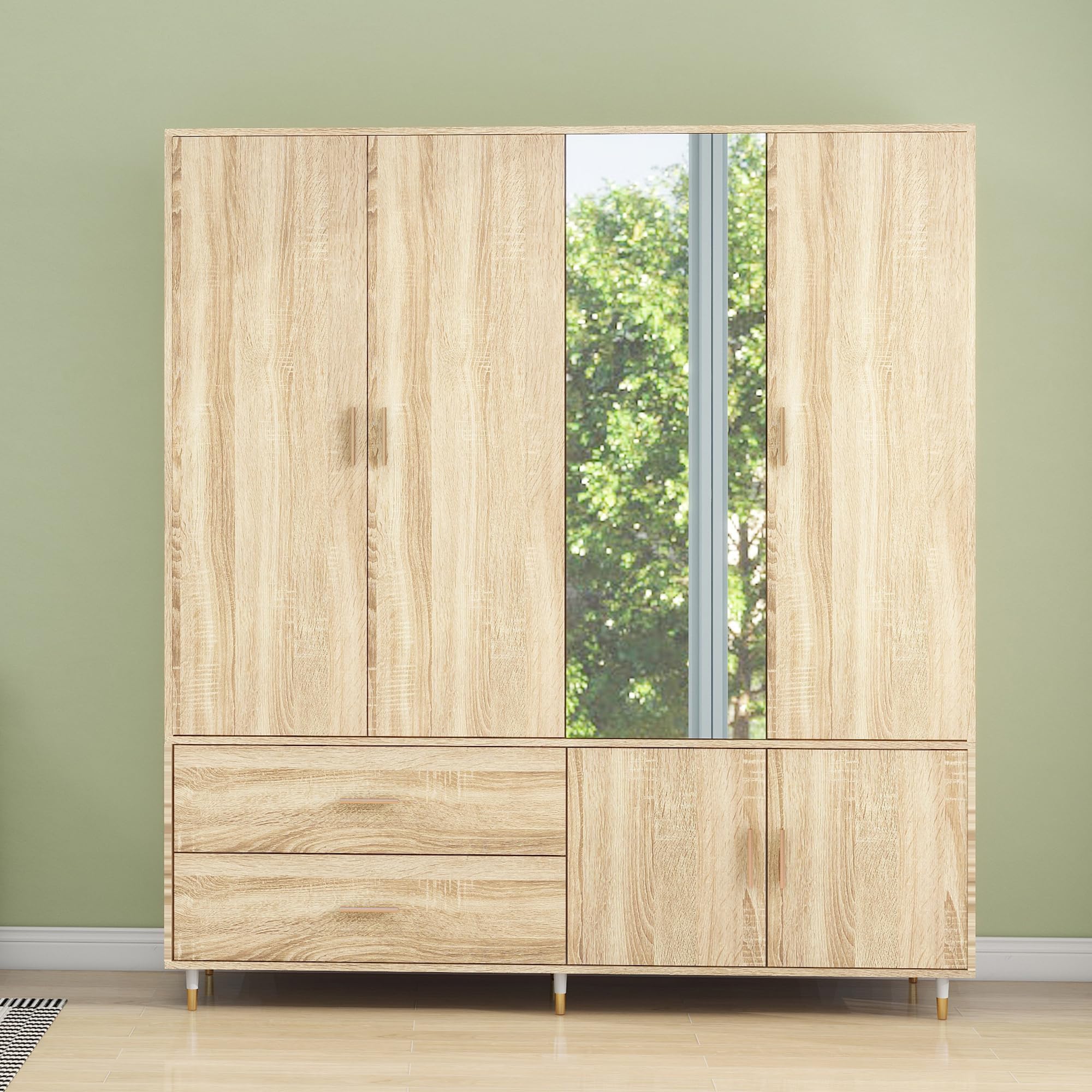Solid Wood Freestanding Wardrobe Closet with 4 Doors, 2 Drawers & Shelves - Spacious Bedroom Storage Cabinet with 2 Hanging Rods for Clothes Organization | Perfect for Master Bedroom, Guest Room or Dormitory Storage Solution