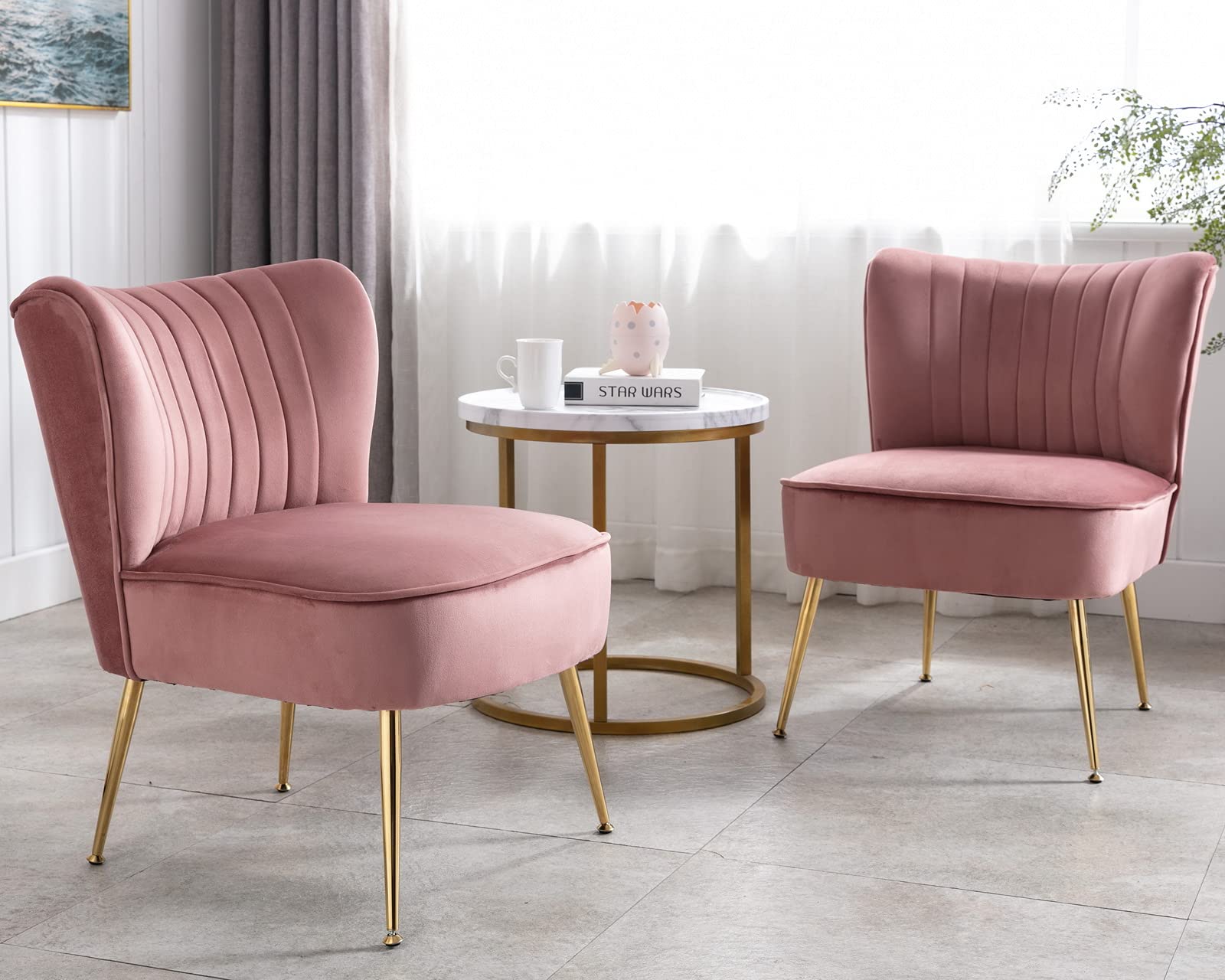 CIMOTA Velvet Accent Chairs Set of 2 - Modern Armless Slipper Chairs with Golden Legs, Wingback Design for Living Room, Bedroom & Office - Soft Pink Upholstered Lounge Seating for Reading Nook, Guest Room or Cozy Corner