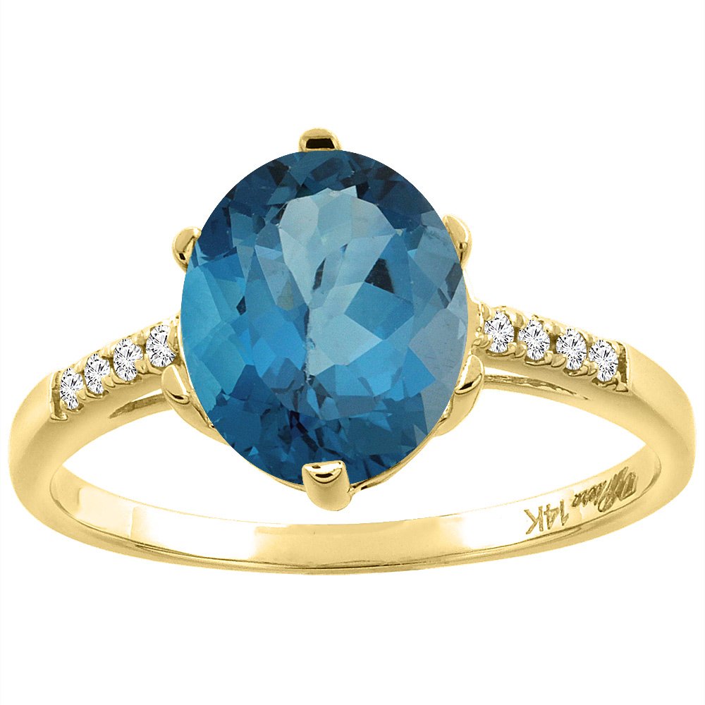 14K Yellow Gold Natural London Blue Topaz & Diamond Ring Oval 10x8mm, Size 5-10 | Elegant Engagement, Wedding, Anniversary Gift for Women