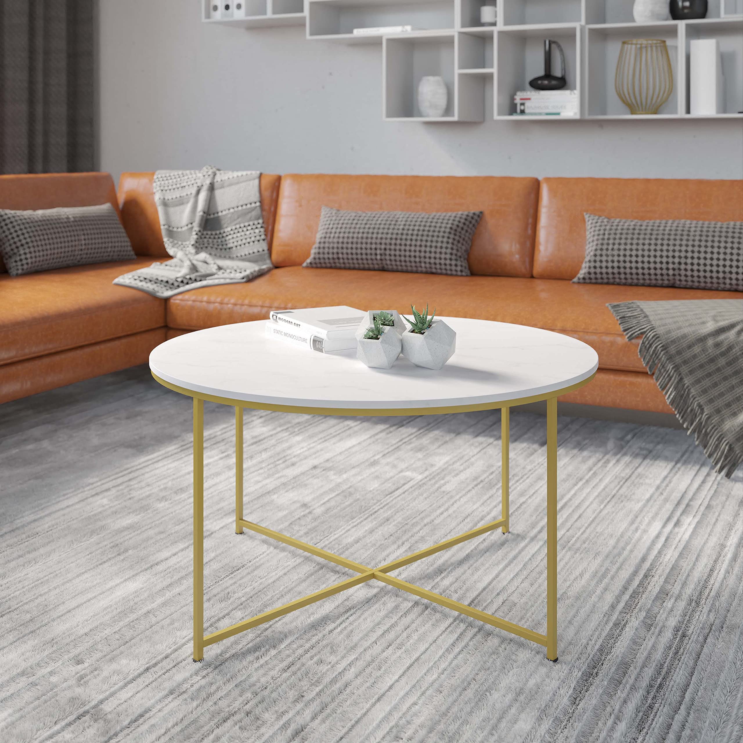 EMMA + OLIVER White Marble Coffee Table with Gold Frame - Living Room Decor