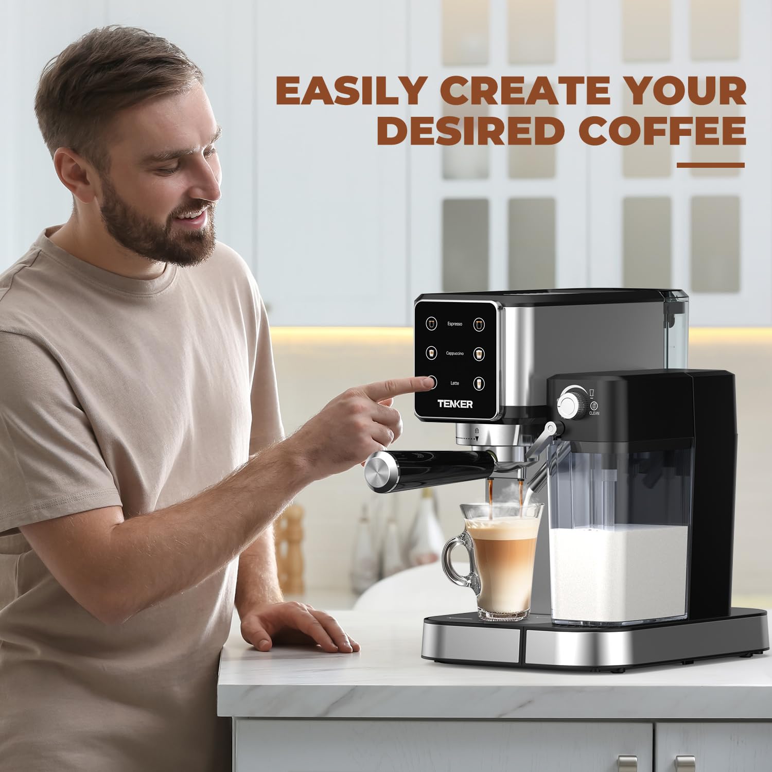 TENKER 20 Bar Espresso Machine with Automatic Milk Frother - Stainless Steel Touchscreen Coffee Maker for Cappuccino & Latte (1350W, Silver) - Perfect for Home, Office, and Coffee Shops