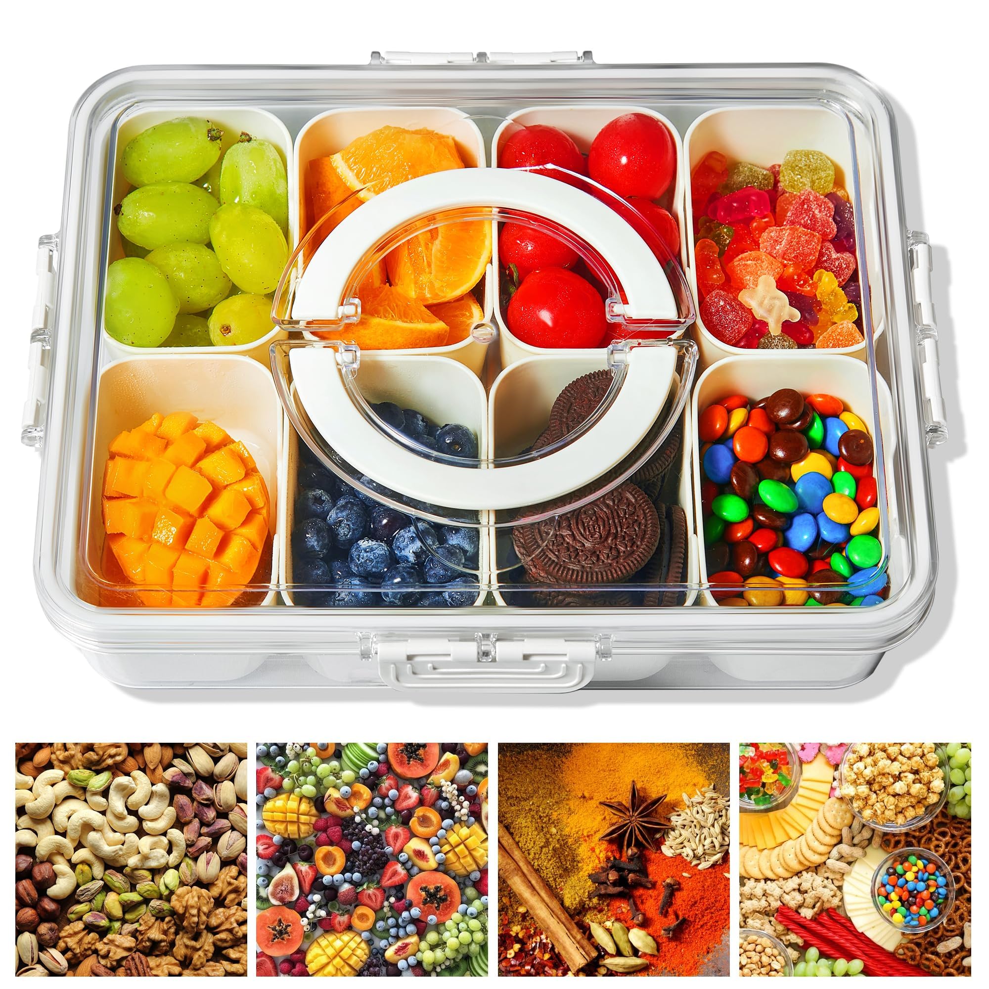 Portable Divided Snackle Box Container with Lid & Handle - 3-Compartment Serving Tray for Fruits, Candy, Treats | Perfect for Picnics, Parties, Road Trips & Office Snacks