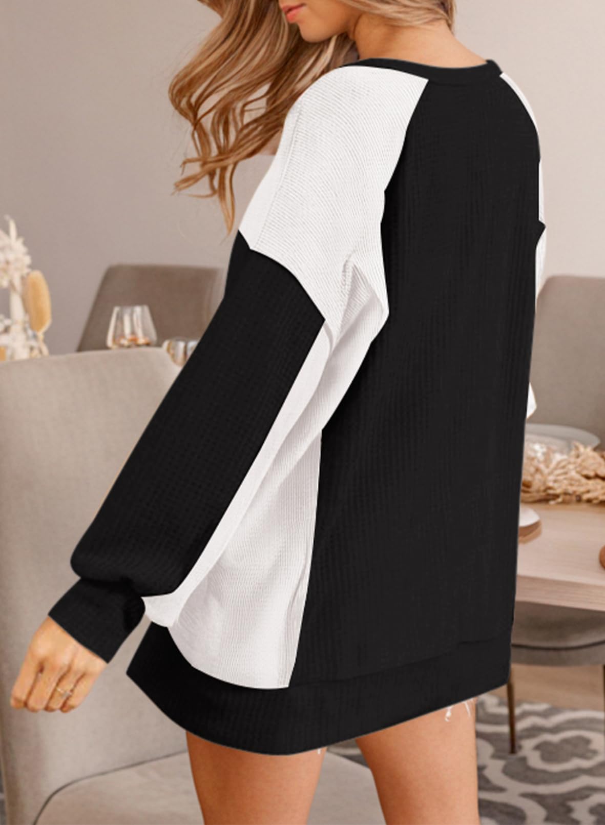 Women's Oversized Waffle Knit Color Block Crewneck Sweatshirt - Casual Long Sleeve High-Low Pullover Top | Perfect for Lounge Wear, Fall Outfits & Street Style Fashion