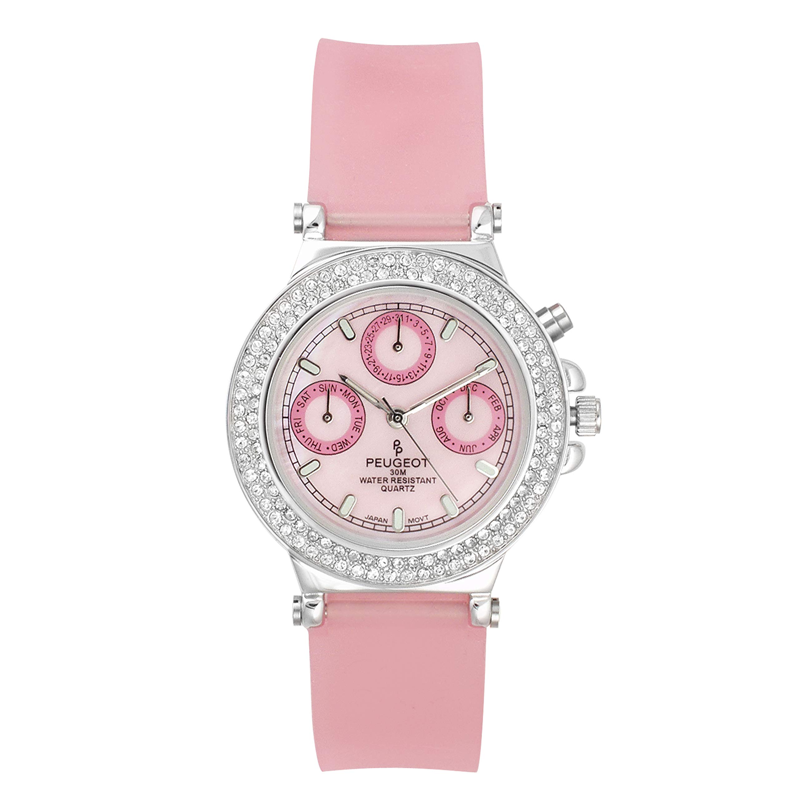 Peugeot Women's Swarovski Crystal Watch - Multifunction Chronograph with Day/Date Display & Colorful Silicone Strap - Perfect for Everyday Wear, Office & Special Occasions