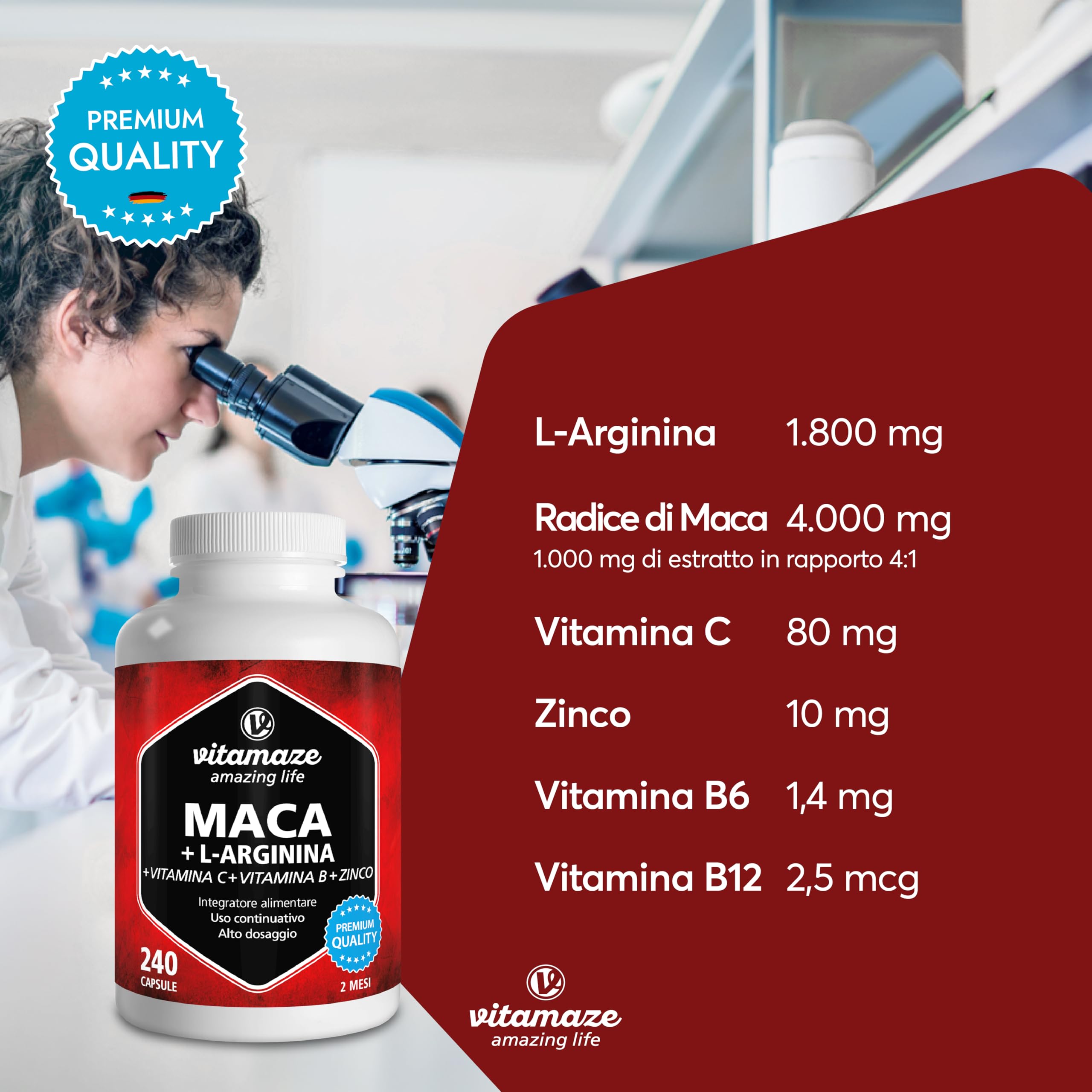 Vitamaze Maca (Black Maca) 4000mg with L-Arginine 1800mg + Vitamin C, B6, B12 & Zinc, 240 Capsules - Peruvian Maca Root from Andes, German Quality, No Additives - Boost Energy, Stamina & Libido for Men & Women
