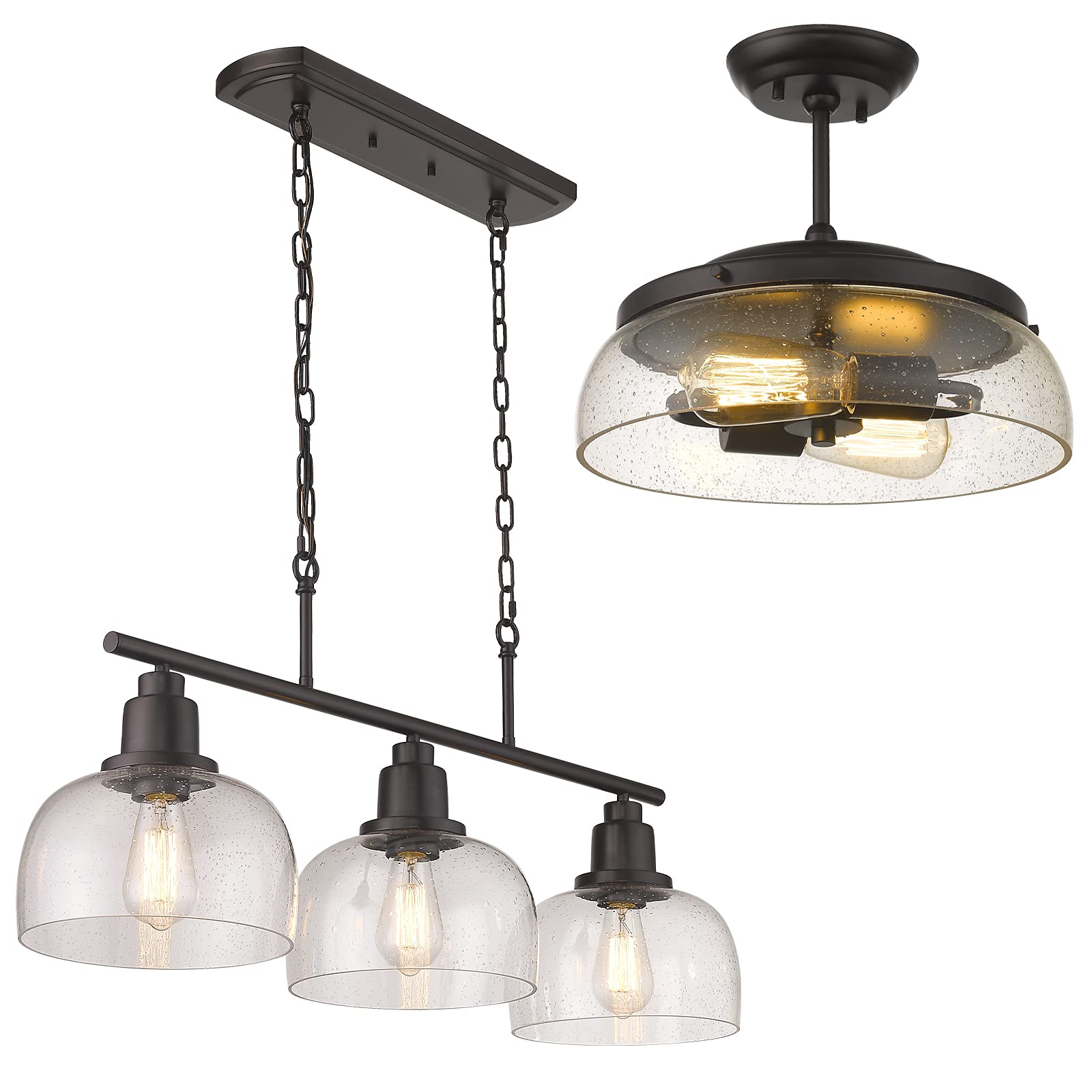 EAPUDEN 3-Light Linear Chandelier & 2-Light Farmhouse Ceiling Light in Oil Rubbed Bronze with Seeded Glass - Modern Kitchen Island Lighting, Dining Room, Foyer, Hallway, Entryway - Perfect for Farmhouse, Rustic & Industrial Home Decor