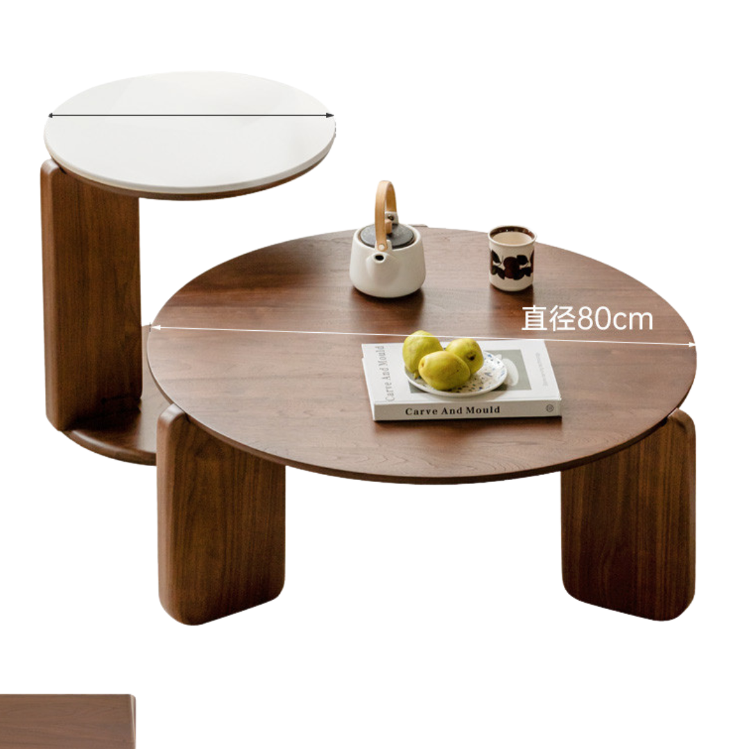 Solid Black Walnut Wood Round Slate Coffee Table - Rustic Modern Living Room Furniture for Home Decor & Tea Time Relaxation