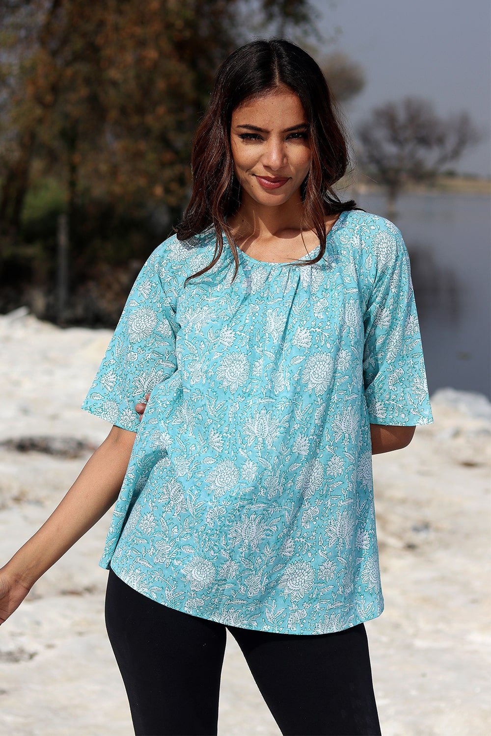 Radiate Sunshine SootiSyahi Block Printed Cotton Top - Stylish & Comfortable Women's Casual Wear for Summer Outings & Beach Vacations