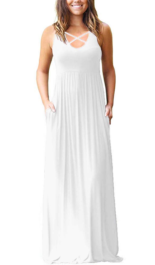 LILBETTER Women's Sleeveless Racerback Maxi Dress - Loose Fit Casual Long Dress with Pockets | Summer Beach Wear, Vacation Outfit, Boho Chic Style