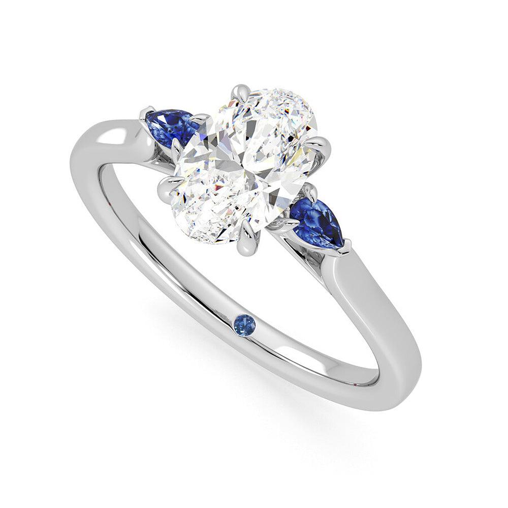 Three Stone Oval Cut Moissanite & Sapphire Engagement Ring with Hidden Anniversary Stone - Perfect for Proposals, Weddings & Anniversary Gifts
