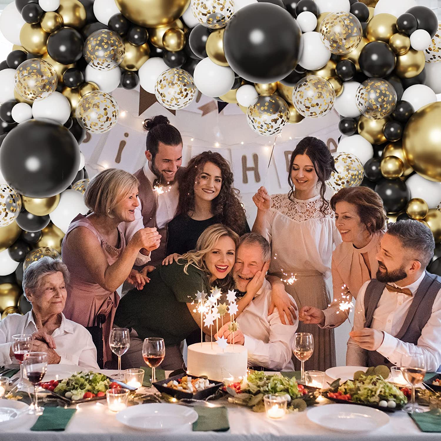 Black and Gold Balloon Arch Kit with Confetti Balloons & Happy Birthday Banner – Elegant Birthday Decorations for Baby Showers, Weddings, Graduations & Parties | Perfect for Indoor & Outdoor Celebrations