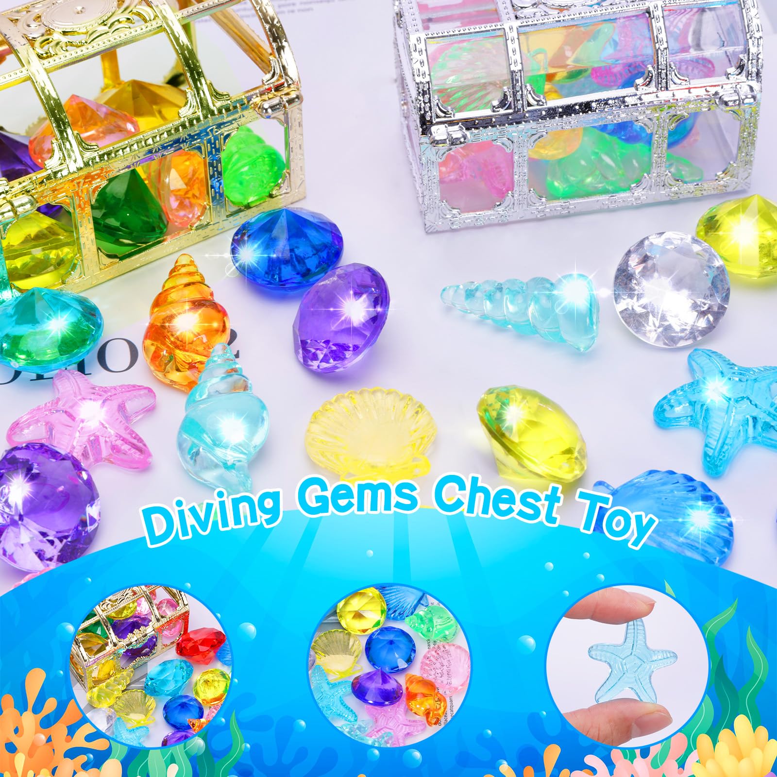 MGparty 24pcs Colorful Diving Gem Pool Toys Set with Pirate Treasure Box - Underwater Swimming Toys for Kids, Boys & Girls - Perfect for Pool Games, Summer Water Play & Treasure Hunt Activities