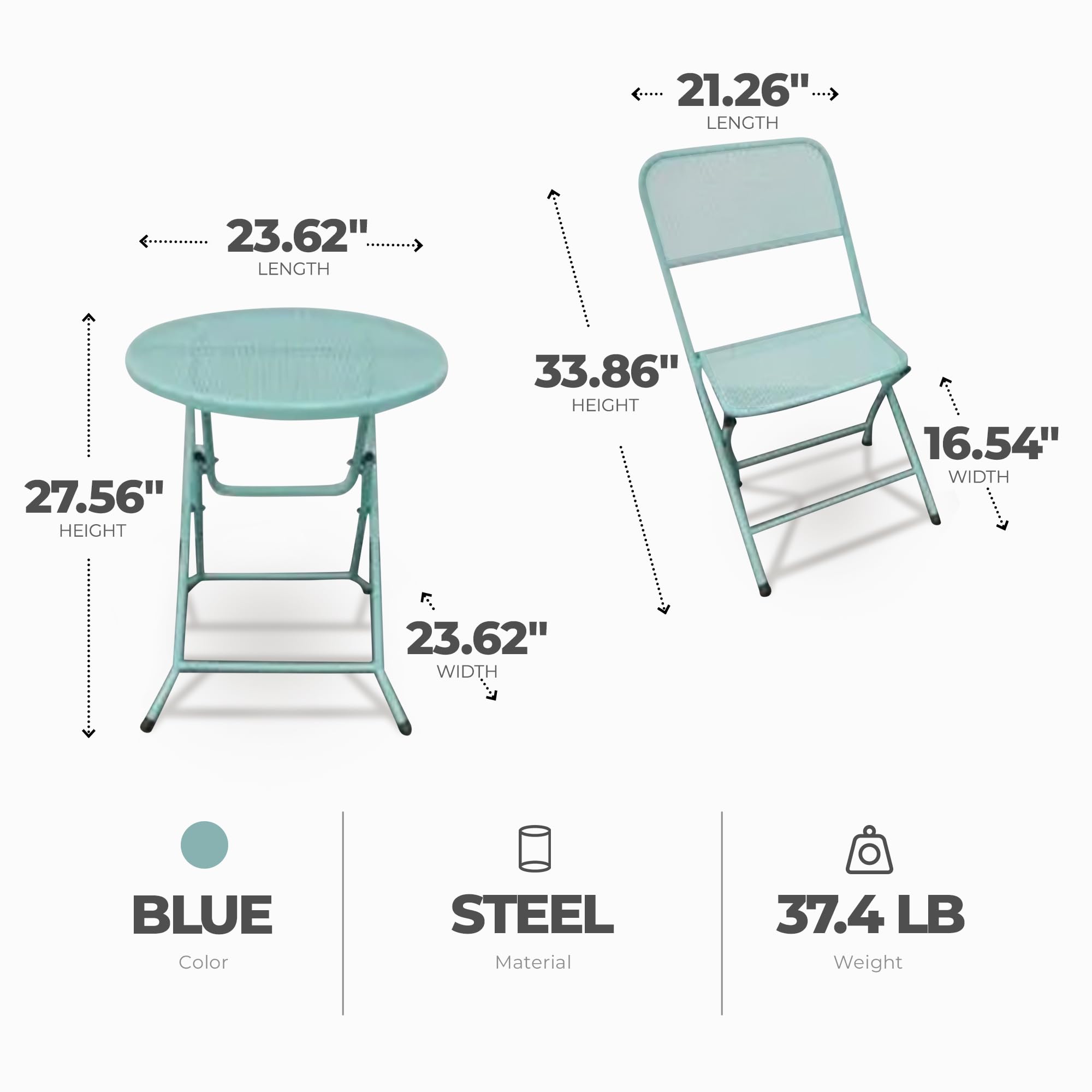 Foldable 3-Piece Outdoor Bistro Set - Powder Coated Steel Mesh Patio Dining Table & 2 Chairs (Blue) - Perfect for Small Balcony, Garden, Deck or Poolside Relaxation