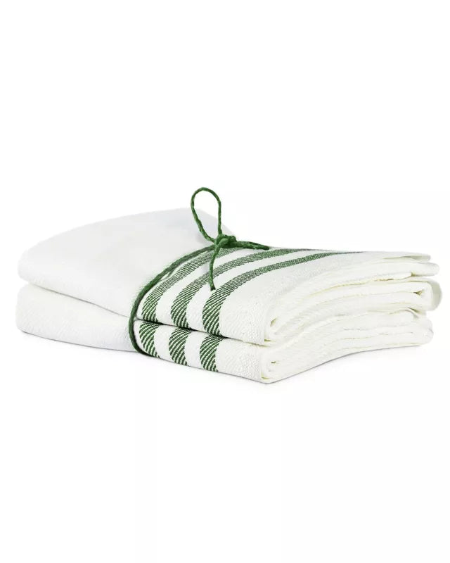 Premium 2-Pack Linen Kitchen Towels 50x70 cm - Beige/Green Striped Edge for Cooking, Baking & Home Decor
