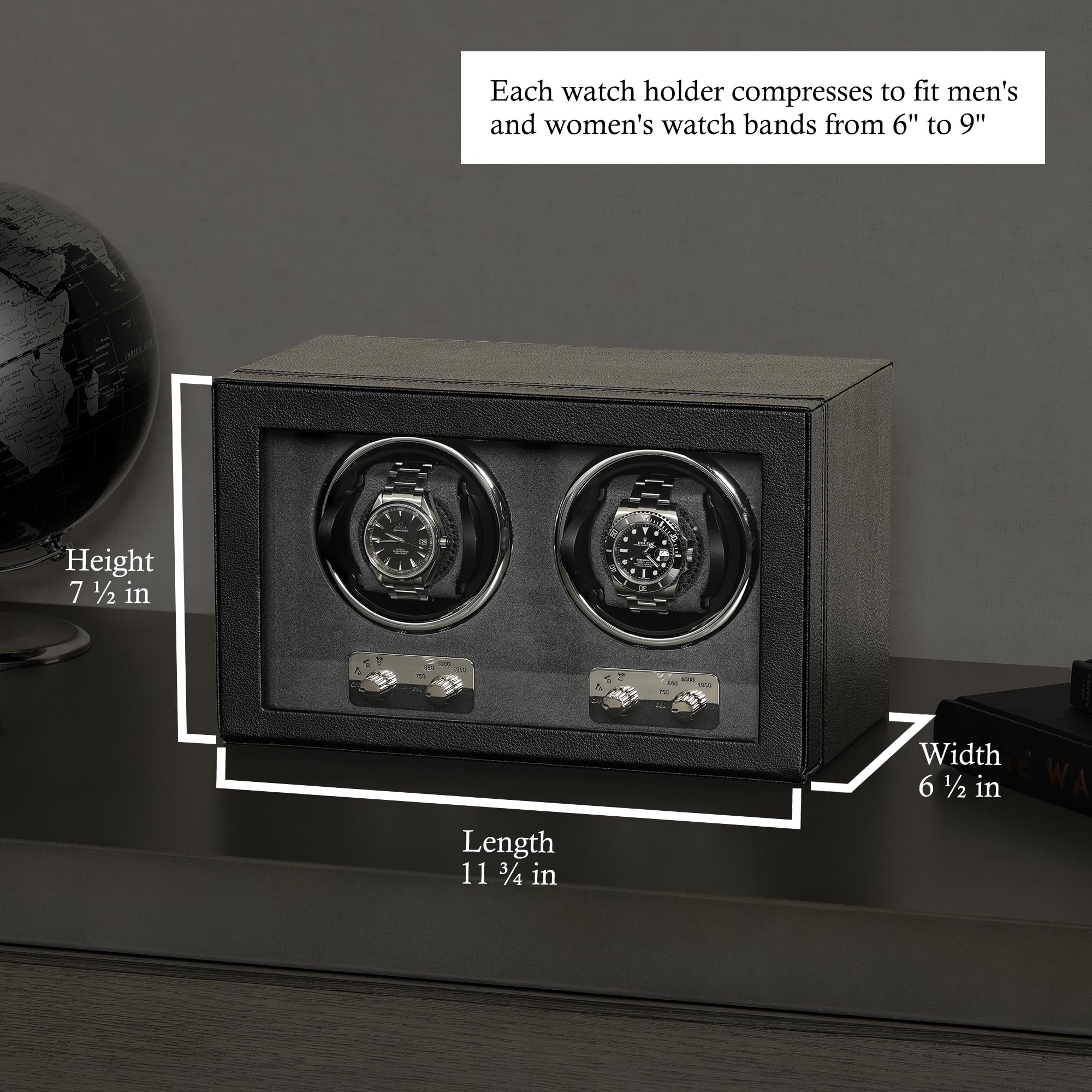ROTHWELL Automatic Double Watch Winder - Quiet Motor, 3 Speed Settings & Adjustable Rotation - Perfect for Luxury Watch Storage & Display (Black/Grey) - Ideal for Home, Office or Travel Use