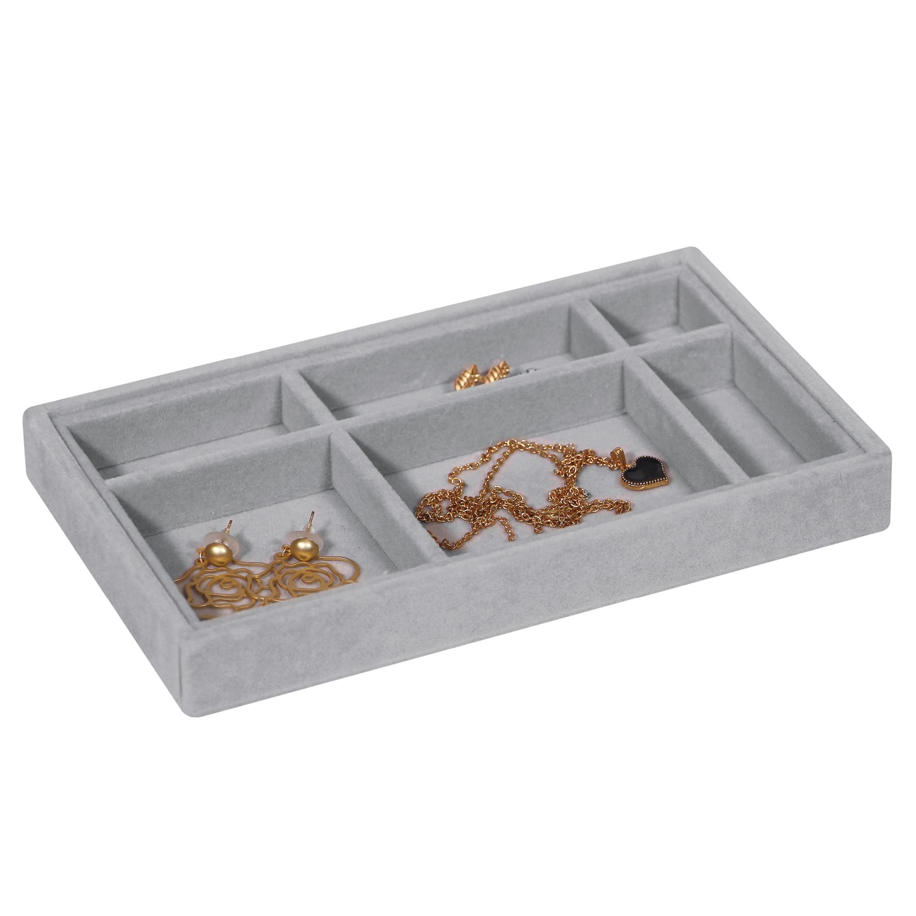 DIOMMELL 6-Piece Stackable Velvet Jewelry Organizer Tray Set - Jewelry Storage Box & Display Case for Earrings, Necklaces, Bracelets, Rings - Perfect for Dresser Drawer, Closet & Vanity Organization (Grey)
