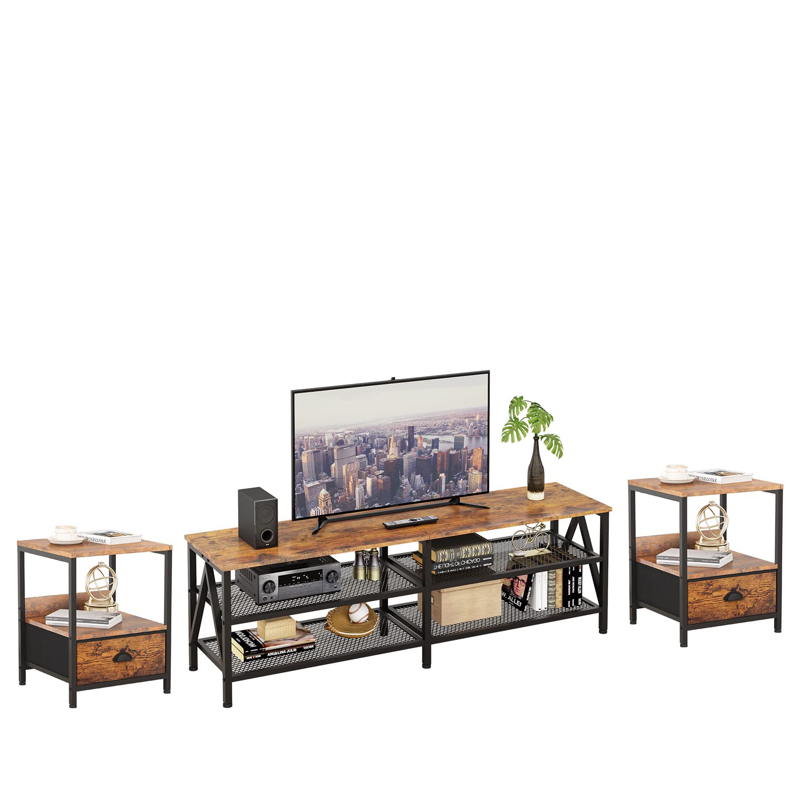 2-Piece Nightstand Set with Drawer & 70 Inch TV Stand - Modern Bedside Table & Entertainment Center for Living Room, Bedroom, Home Office