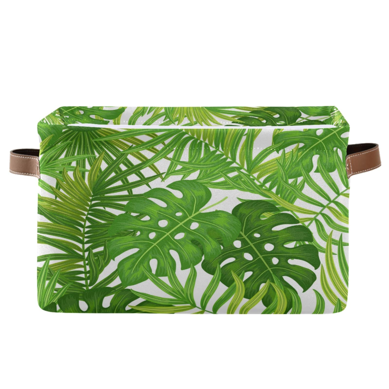AUUXVA Collapsible Storage Basket with Handles - Tropical Palm Tree & Monstera Leaf Pattern Canvas Organizer Bin for Toys, Clothes & Home Decor | Perfect for Bedroom, Closet, Shelf & Office Organization