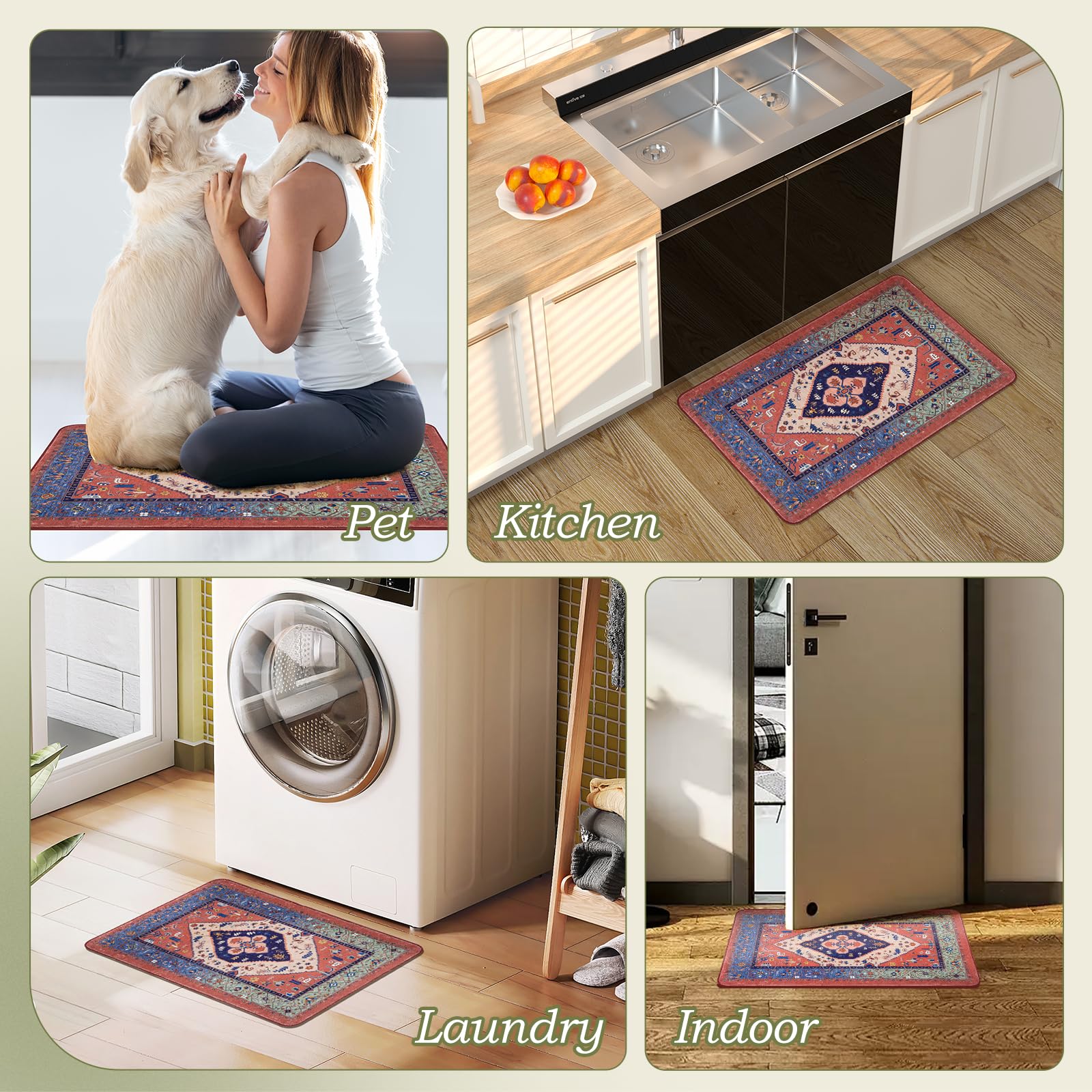 Boho Kitchen Mats Non-Slip Rubber Backing, Waterproof Washable Floor Rugs for Sink, Laundry & Farmhouse - Perfect for Kitchen, Bathroom & Entryway Decor