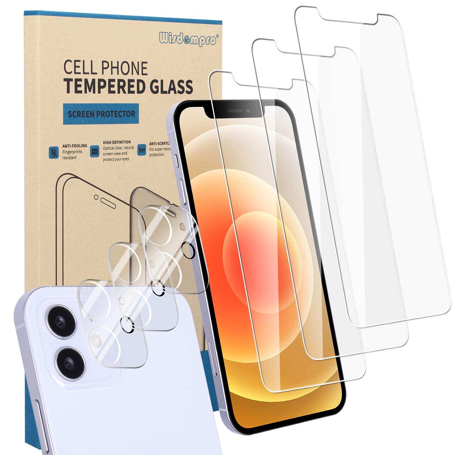 Wisdompro 3 Pack Tempered Glass Screen Protector and 3 Pack Camera Lens Protector for iPhone 12 (6.1 inch) - HD Clear, Anti-Scratch, Bubble-Free - Perfect for Daily Use, Travel, and Outdoor Activities