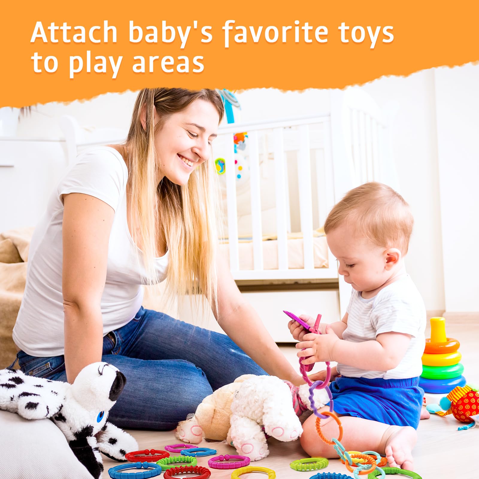 KAKIBLIN 24-Piece Baby Links Rings Toy Set - Soft Connecting Rings for Strollers, Car Seats & Playtime - Safe Teething & Sensory Toys for Infants 0+ Months - Perfect Travel Accessories for Babies
