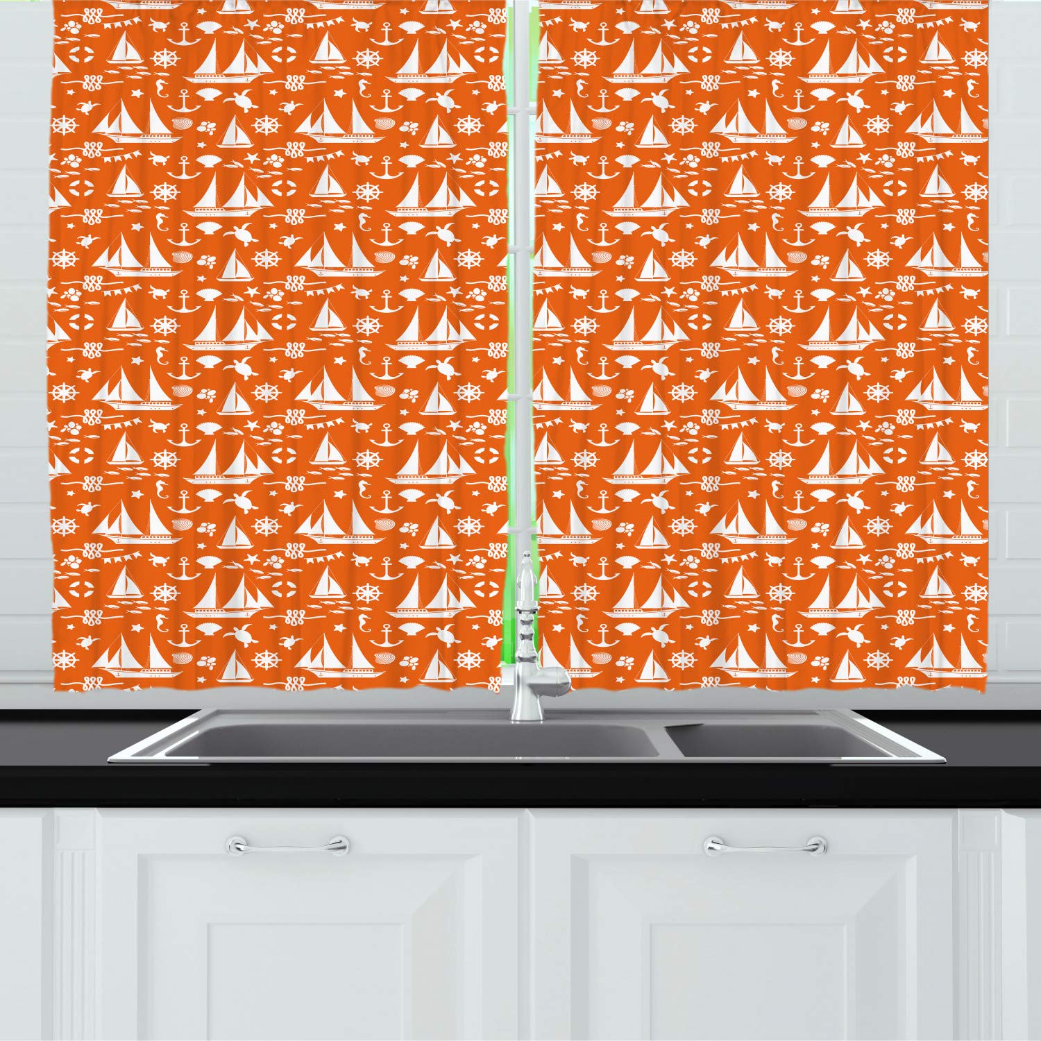 Ambesonne Marine Long Kitchen Curtains - Abstract Nautical Boat & Sea Animal Print Drapes, 2 Panel Rod Pocket Window Treatment, 55